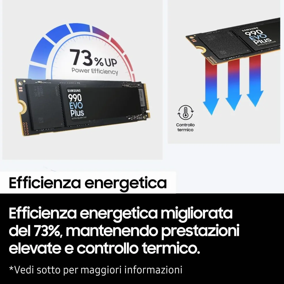 Samsung Memorie MZ-V9S2T0BW 990 EVO Plus SSD Interno da 2TB, PCIe Gen 4.0 x4 / 5.0 x2 NVMe 2.0, memoria progettata per professionisti e giocatori occasionali, compatibile con PC