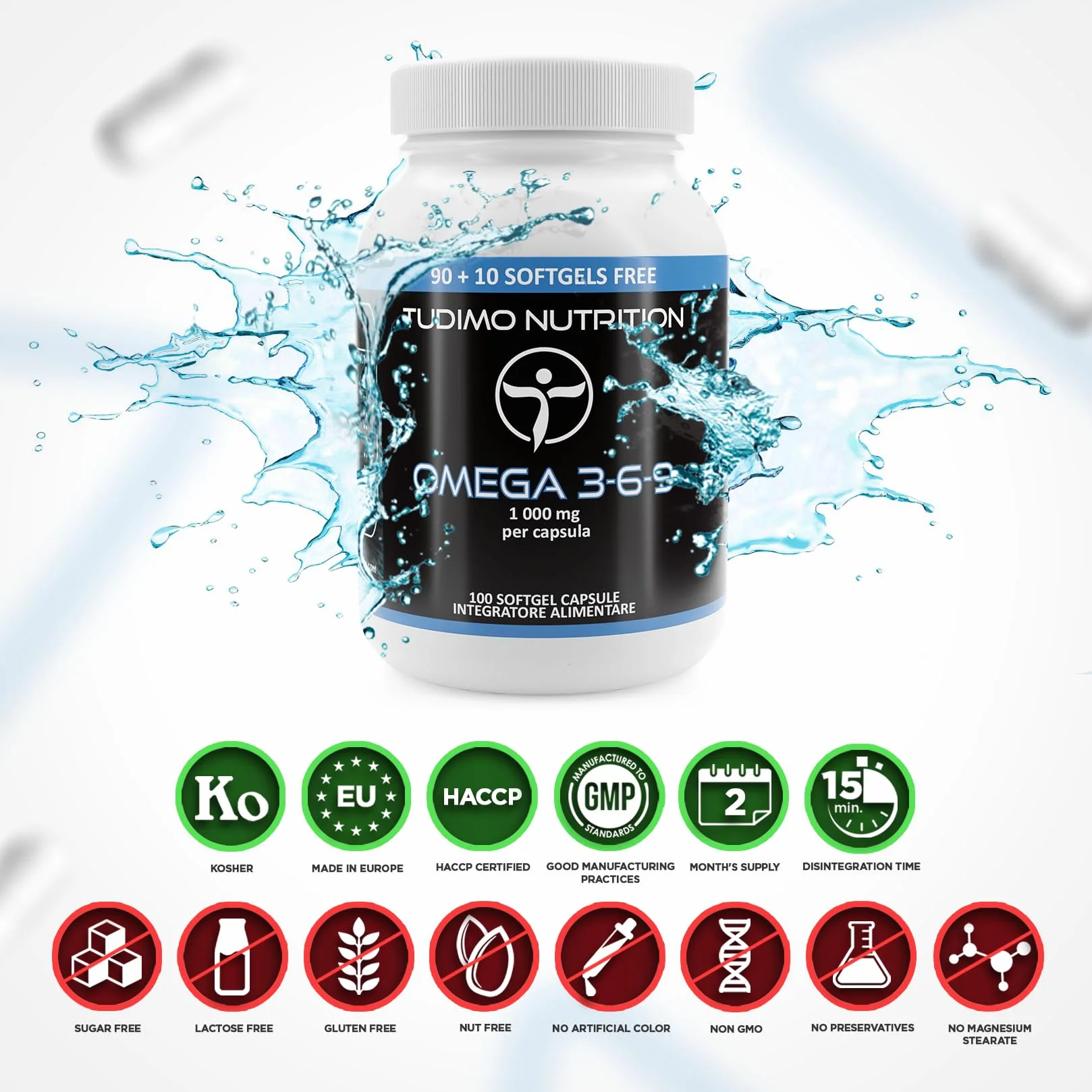 Omega 3 6 9 Integratore 1000 mg per Softgel Olio di Pesce Borragine Girasole Vitamina E 100 Capsule