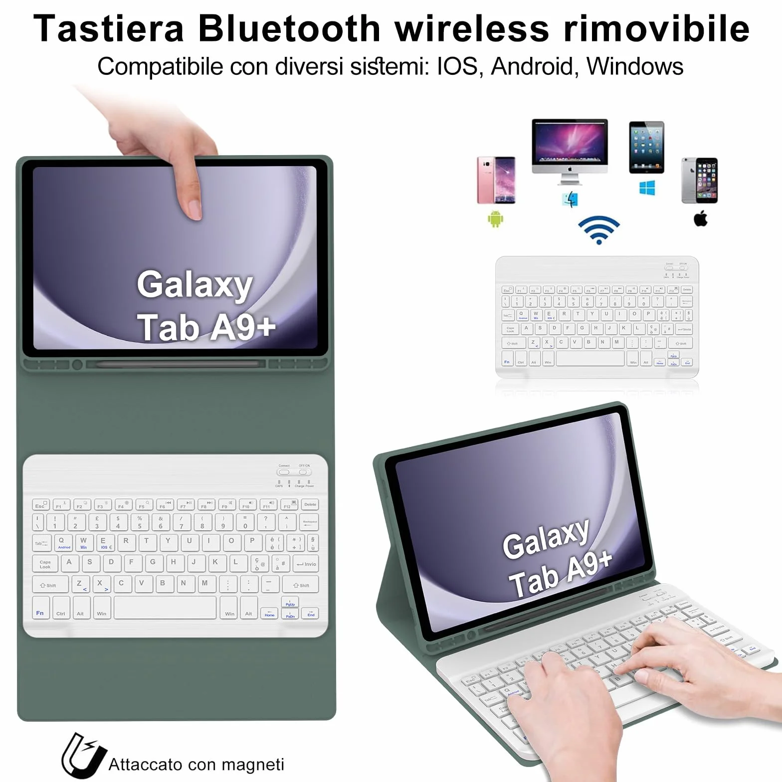 IVEOPPE Tastiera Samsung Galaxy A9 Plus 11" 2023, Cover Tastiera Italiano Bluetooth Rimovibile per Samsung Galaxy Tab A9+ 2023 11 Pollici SM-X210/X216/X218, Verde scuro