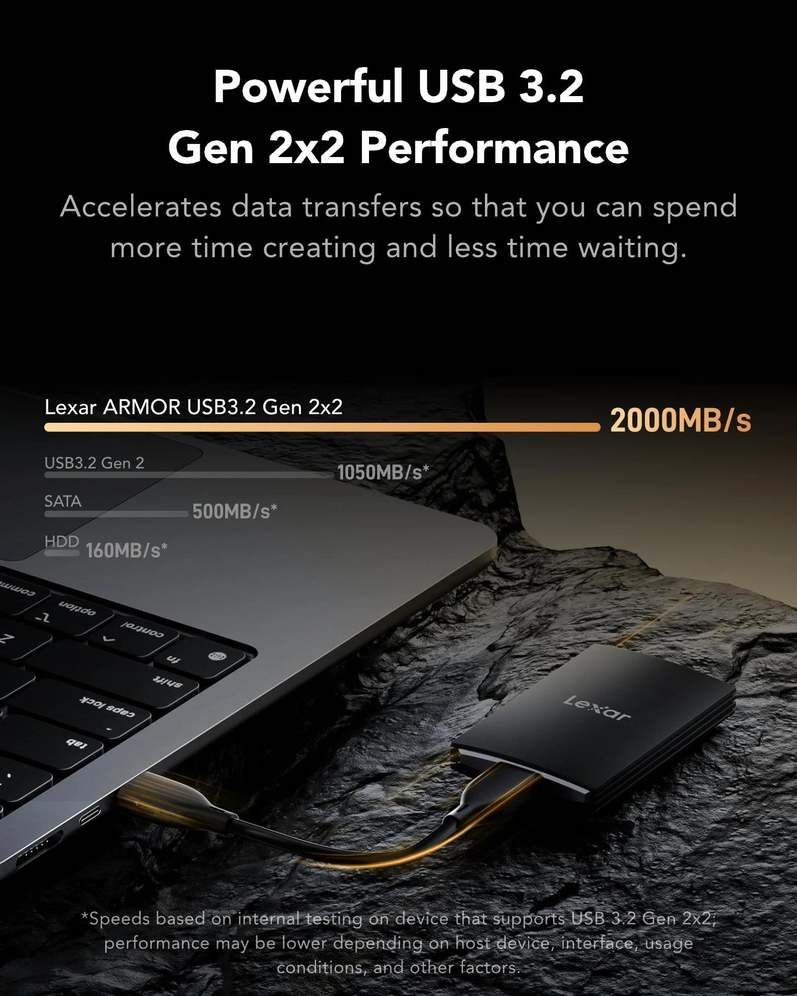 Lexar ARMOR 700 SSD Portatile 1TB, 2000 MB/s in Lettura e Scrittura USB 3.2 Gen 2x2, SSD Esterno IP66 Resistenza all'Acqua e Polvere, Compatibile con Mac, iPhone 15 Pro, Camera