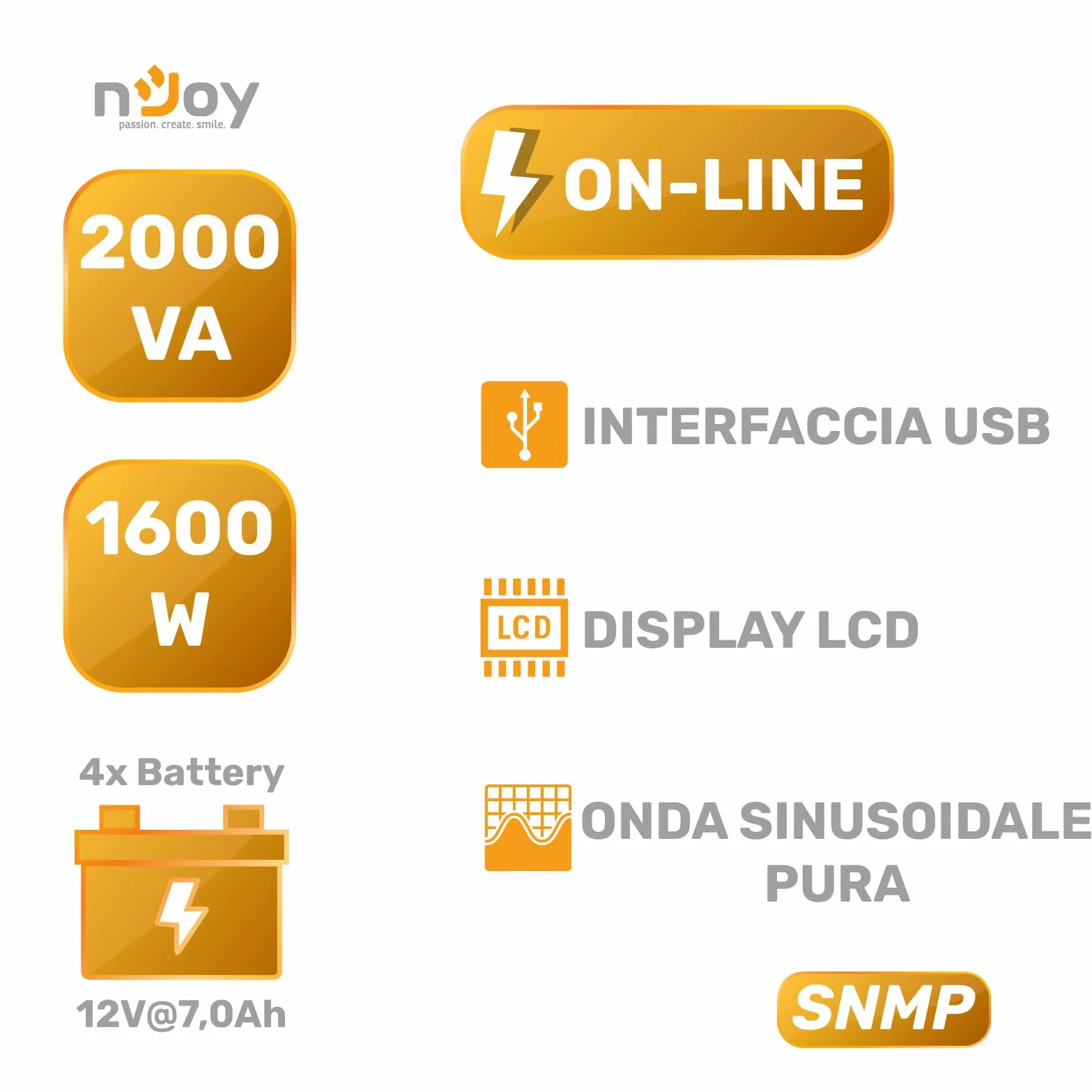 NJOY Echo Pro 2000 Gruppo di Continuità 2000VA 1600 Watt, Doppia Conversione On-Line Onda Sinusoidale Pura, 4 Uscite Schuko, USB, RS232, EPO, Slot SNMP, 4 Batterie 12V-7Ah - Garanzia 3 Anni