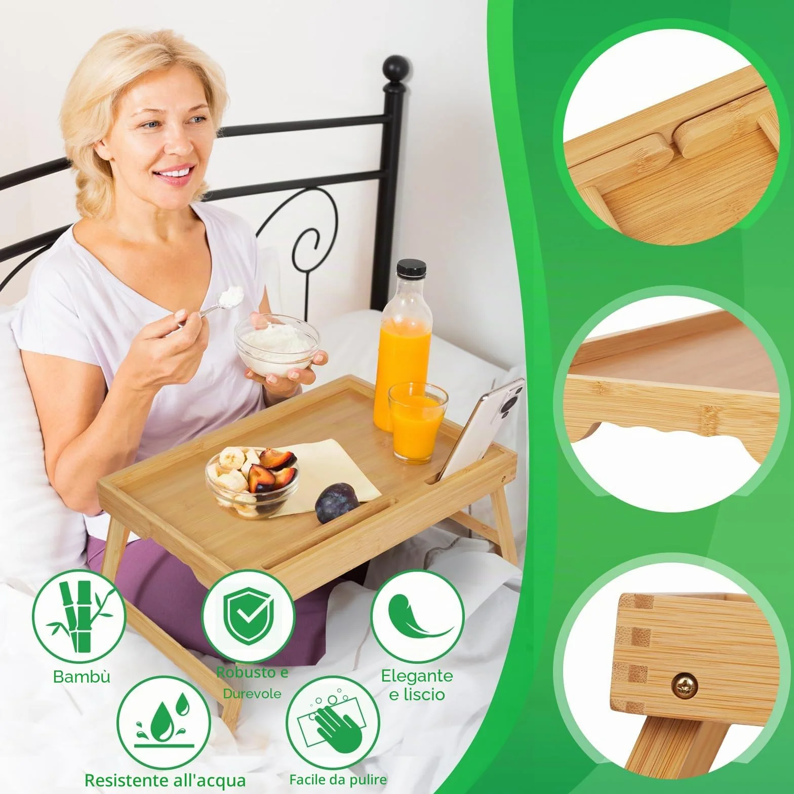 Vassoio da letto con manici, gambe pieghevoli, vassoio da colazione in bambù con supporto per tablet, tavolo da colazione, scrivania per computer portatile, vassoio da cucina