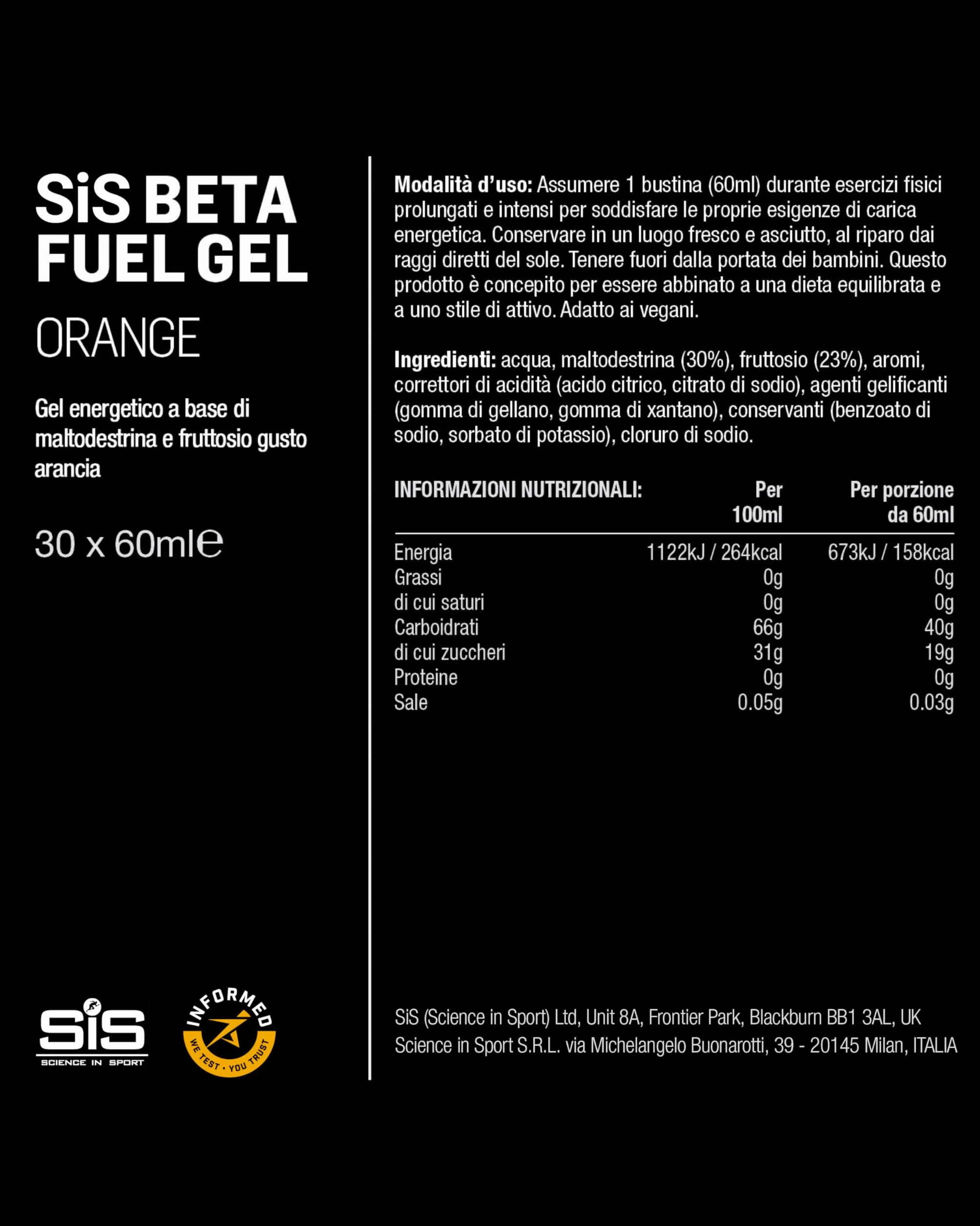 Science in Sport Beta Fuel Gel Dual Source Gel energetico Bevanda Sportiva Arancia 30 x 60ml 40g carboidrati rapporto 1:0,8