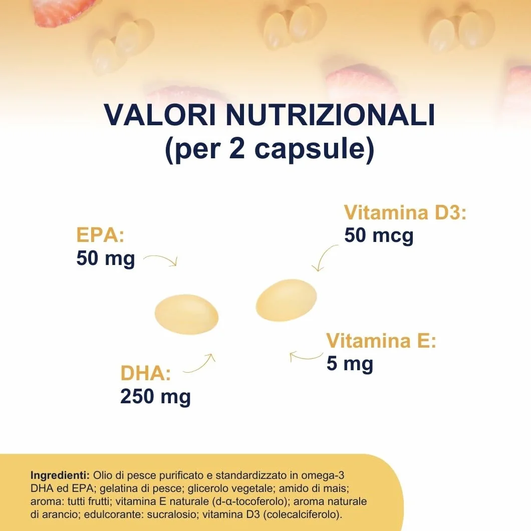 Omega 3 Bambini OMEGOR Kids 3+ Anni 60 Capsule Masticabili alla Frutta con Vitamine D3 ed E Ricco di EPA e DHA