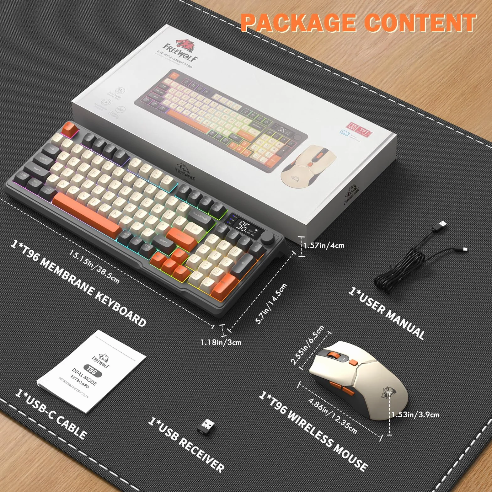 FREEWOLF T96 Tastiera e Mouse Wireless, Bluetooth & 2.4G, Tasti PBT, Manopola Multimediale, Schermo, Silenziosa, Anti-ghosting, US Layout, QWERTY, per Mac/Windows/Linux - Luccichio