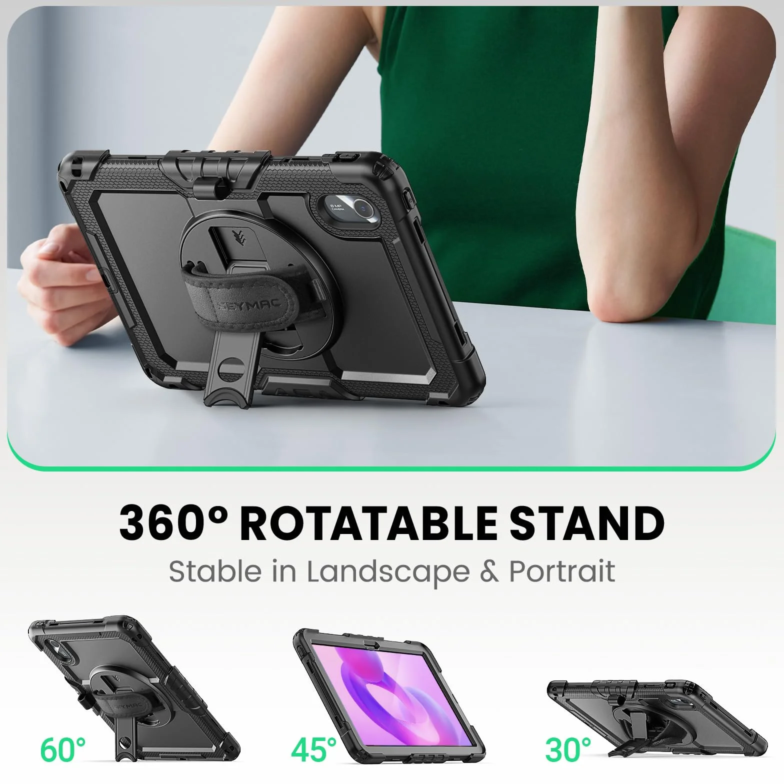 SEYMAC Custodia per Lenovo Idea Tab 11 pollici 2025, Tab M11, Tab K11, Antiurto, Pellicola Protettiva, Supporto Girevole 360°, Cinghia, Tracolla, Portapenne, Nero