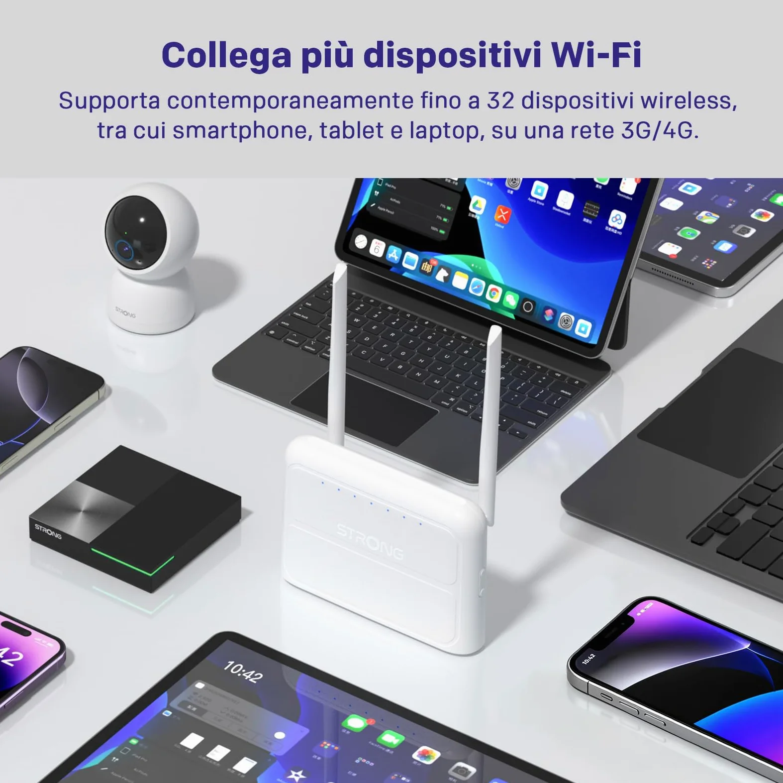 Strong Router 4G WiFi N300 Mbps con SIM, Cat4 LTE, 4 x Porte 100 Mbps | Router 4G Plug & Play con slot Nano SIM, fino a 32 dispositivi, compatibile con oltre 100 operatori, rete sicura, backup WAN