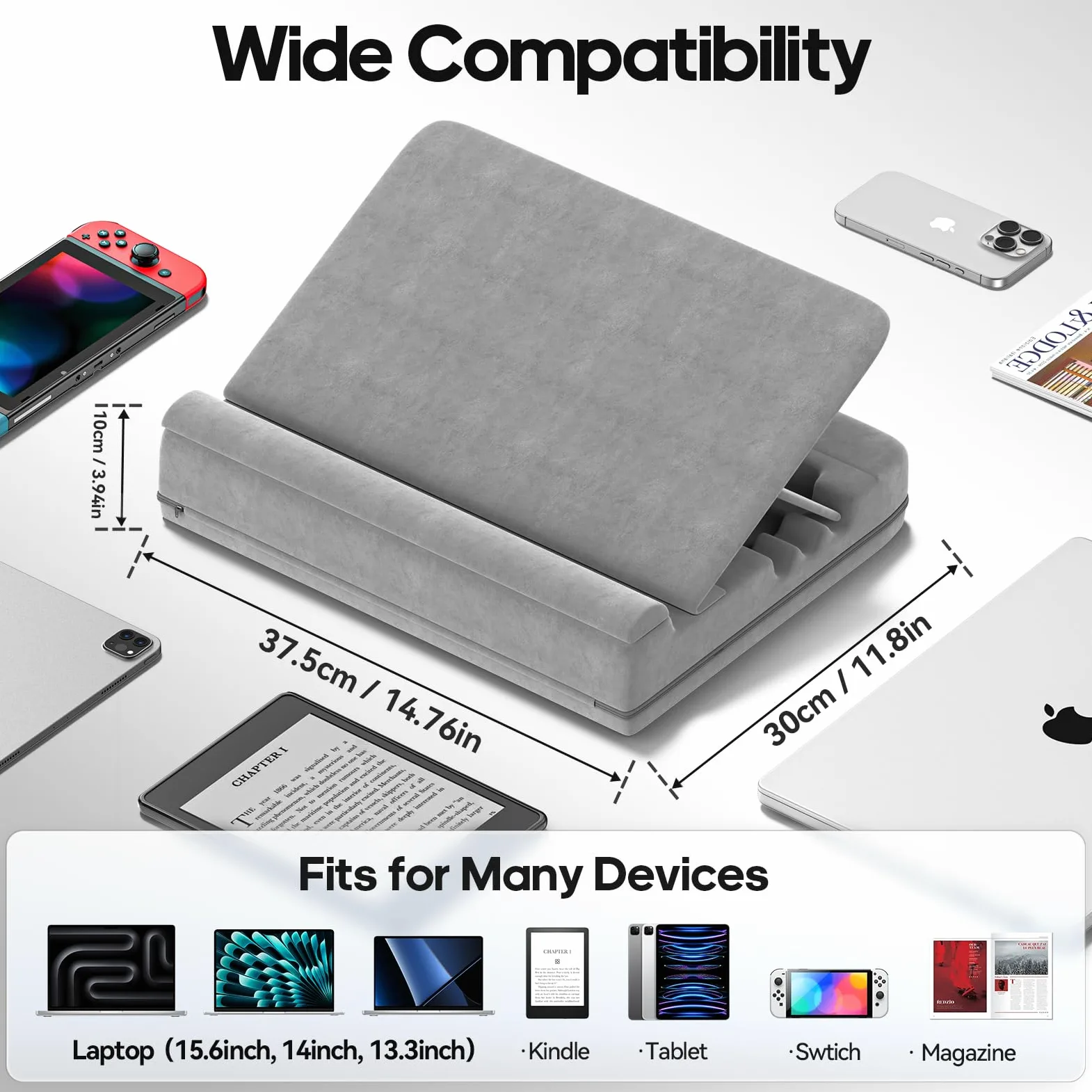 Cuscino per Computer Portatile, Porta PC Scrivania con 3 Angolazioni Regolabili, Cuscino Laptop con Poggiapolsi, Supporto Laptop Scrivania Adatto per Lavoro e Domestico, Grigio