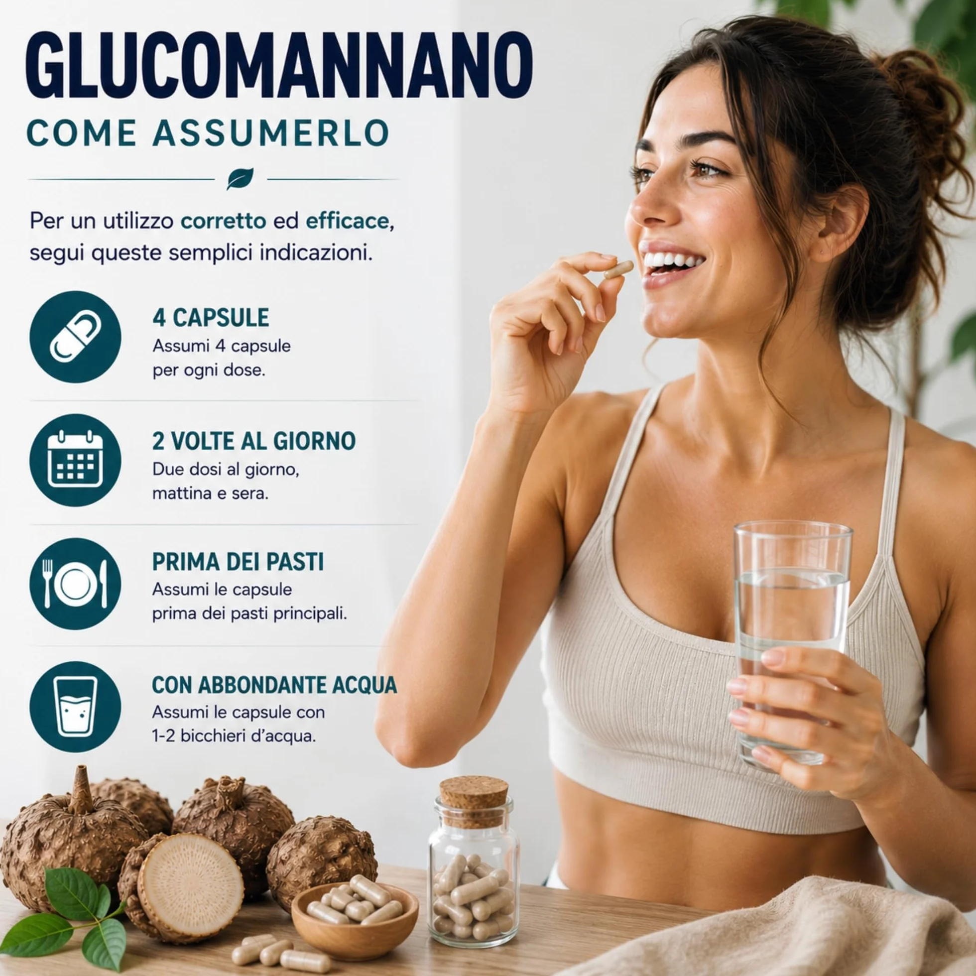 Glucomannano Forte 210 capsule 3000mg per dose giornaliera, alto dosaggio konjac fibra saziante