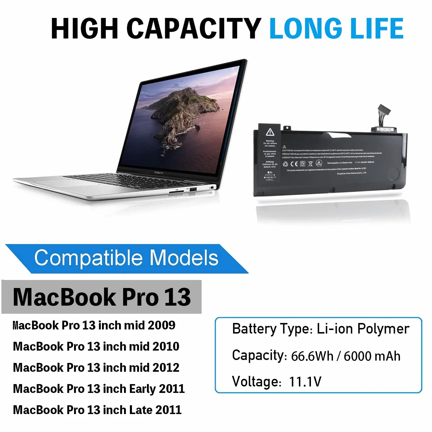 BIUBOTY Batteria Compatible con Macbook Pro 13 Mid 2012 2010 2009 Early & Late 2011 Battery A1278 A1322 per Apple Mac Book Pro MB990LL/A MB990CH/A MB990J/A 661-5229 661-5557