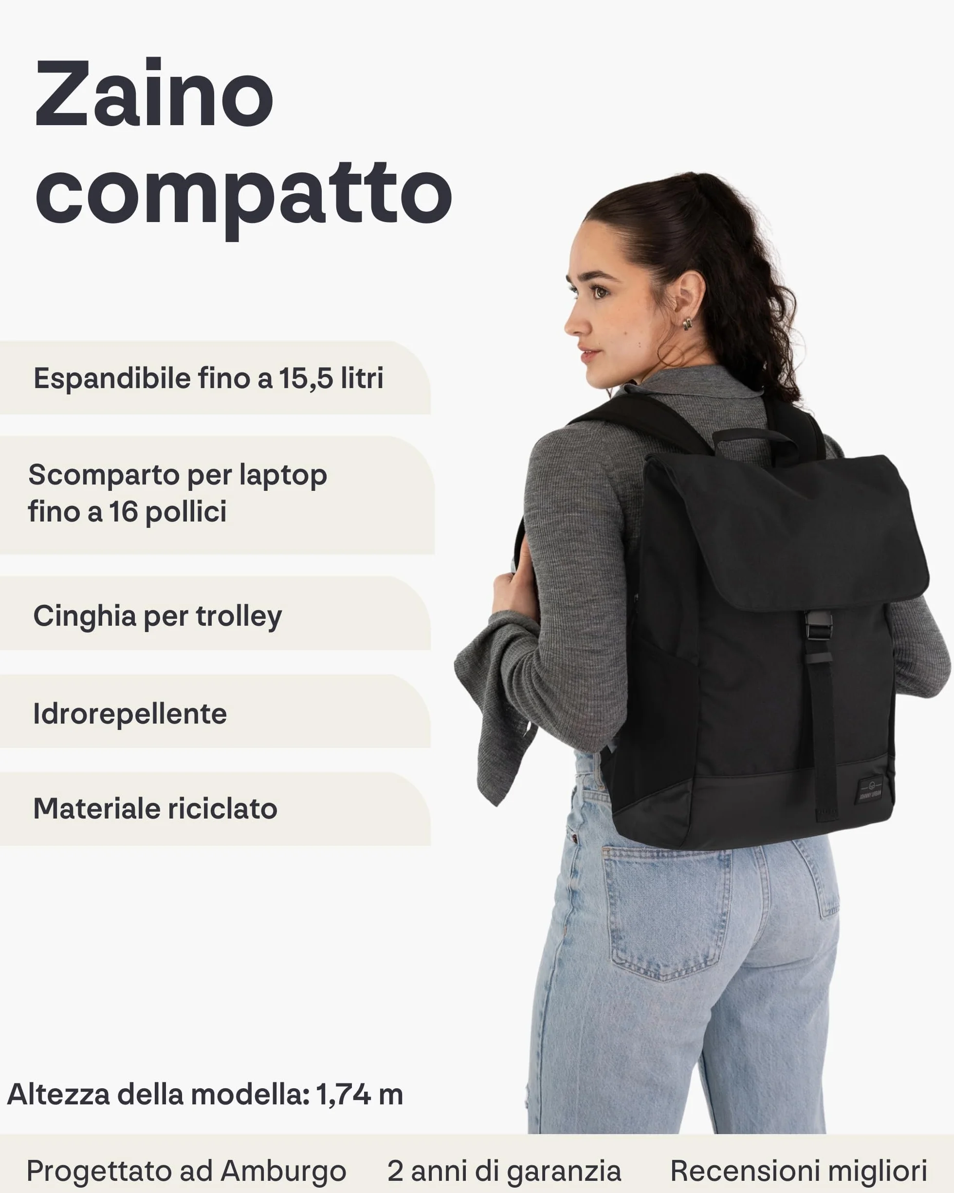 Johnny Urban Zaino Donna e Uomo Nero - MIKA - Zainetto con Vano per PC Portatile 16 Pollici - Backpack per Lavoro, Viaggio, Università - Impermeabile