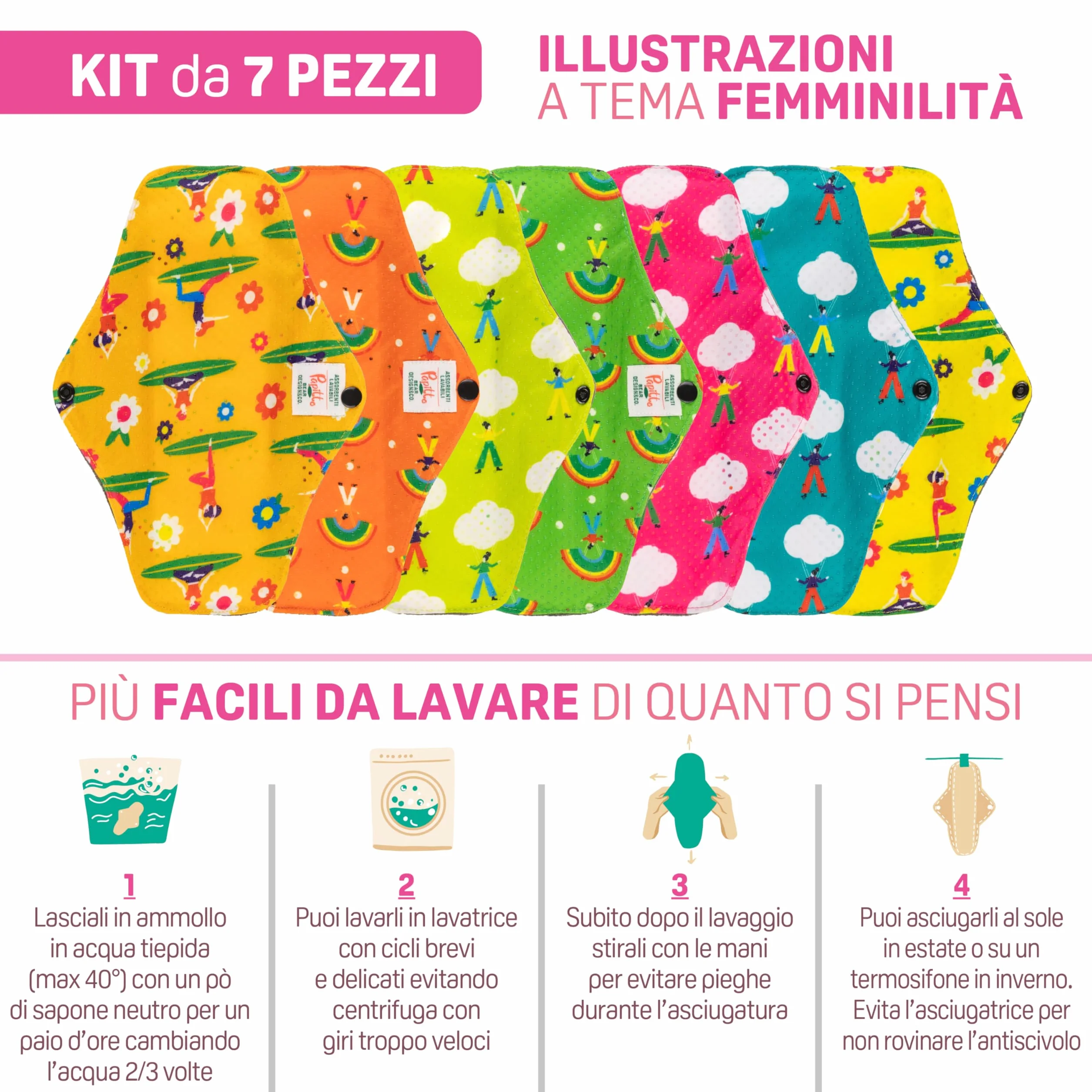Assorbenti Ecologici Lavabili Fibra di Bamboo Set 7pz Antiscivolo Antibatterici Impermeabili