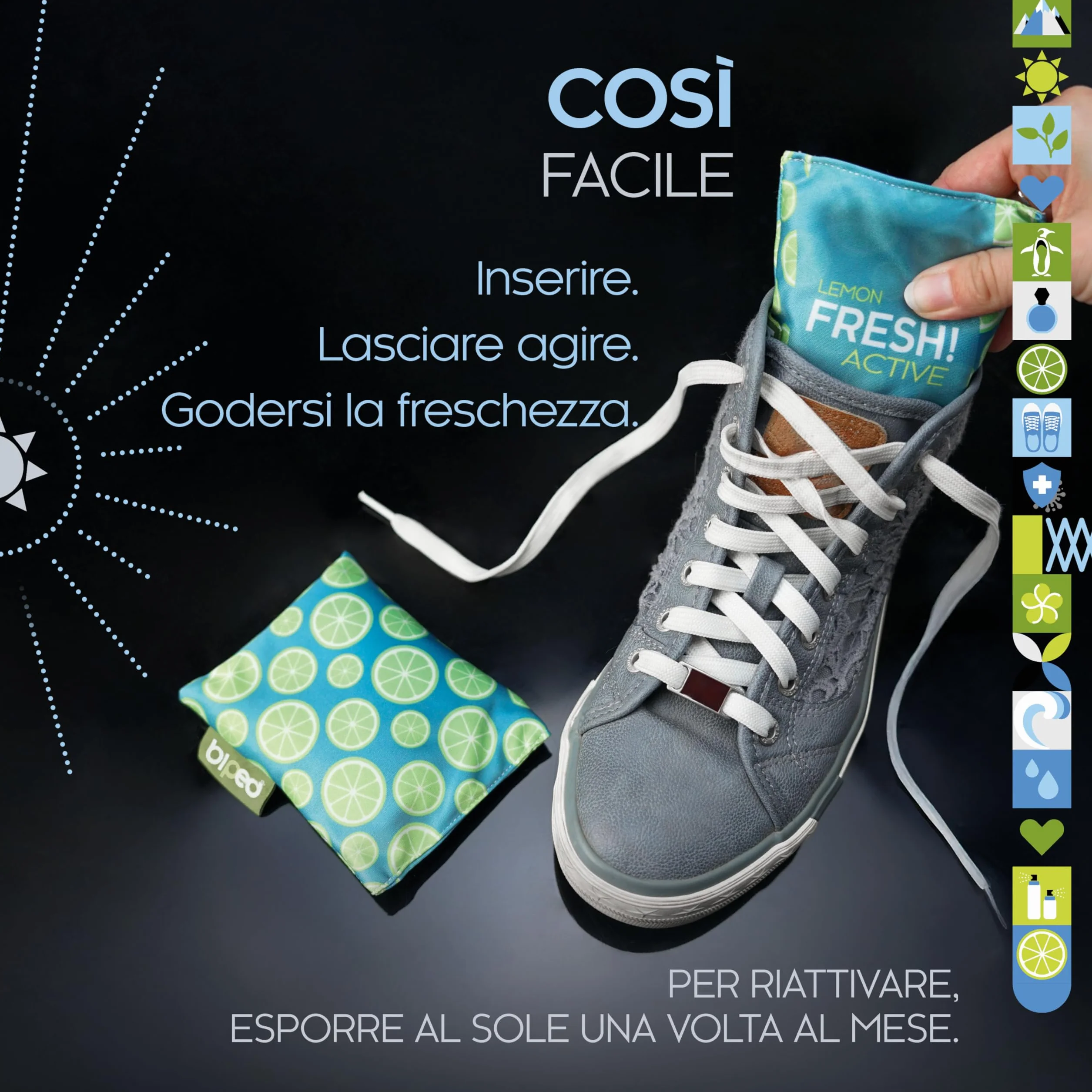 biped FRESH! ACTIVE Deodorante per scarpe con carbone attivo di bambù cuscino profumato o versione PURE senza oli contro sudore e cattivi odori effetto asciugante (LEMON)
