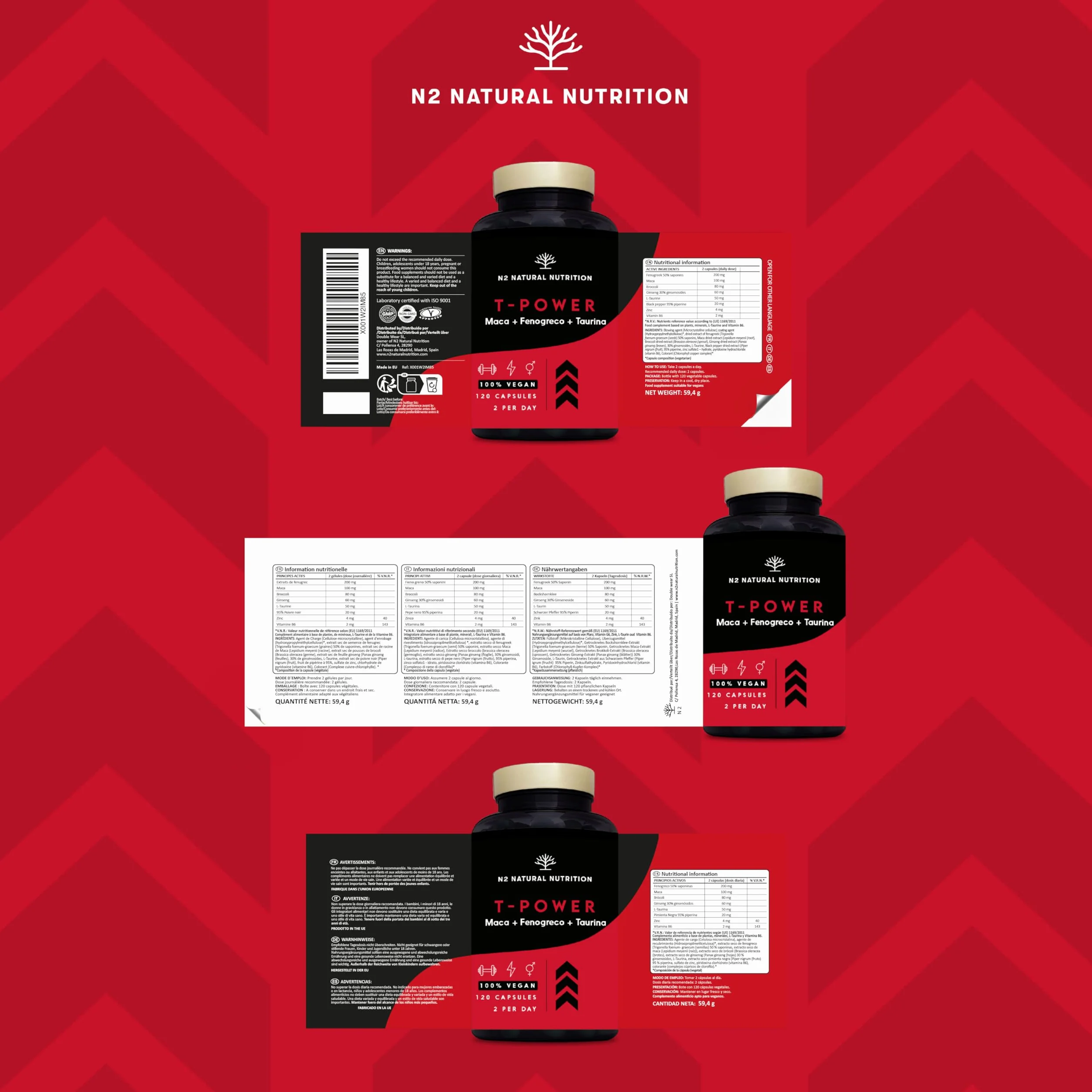 Integratore Testosterone Uomo con Maca, Taurina, Fieno Greco, Ginseng, Zinco e B6 - 120 Capsule N2 Natural Nutrition