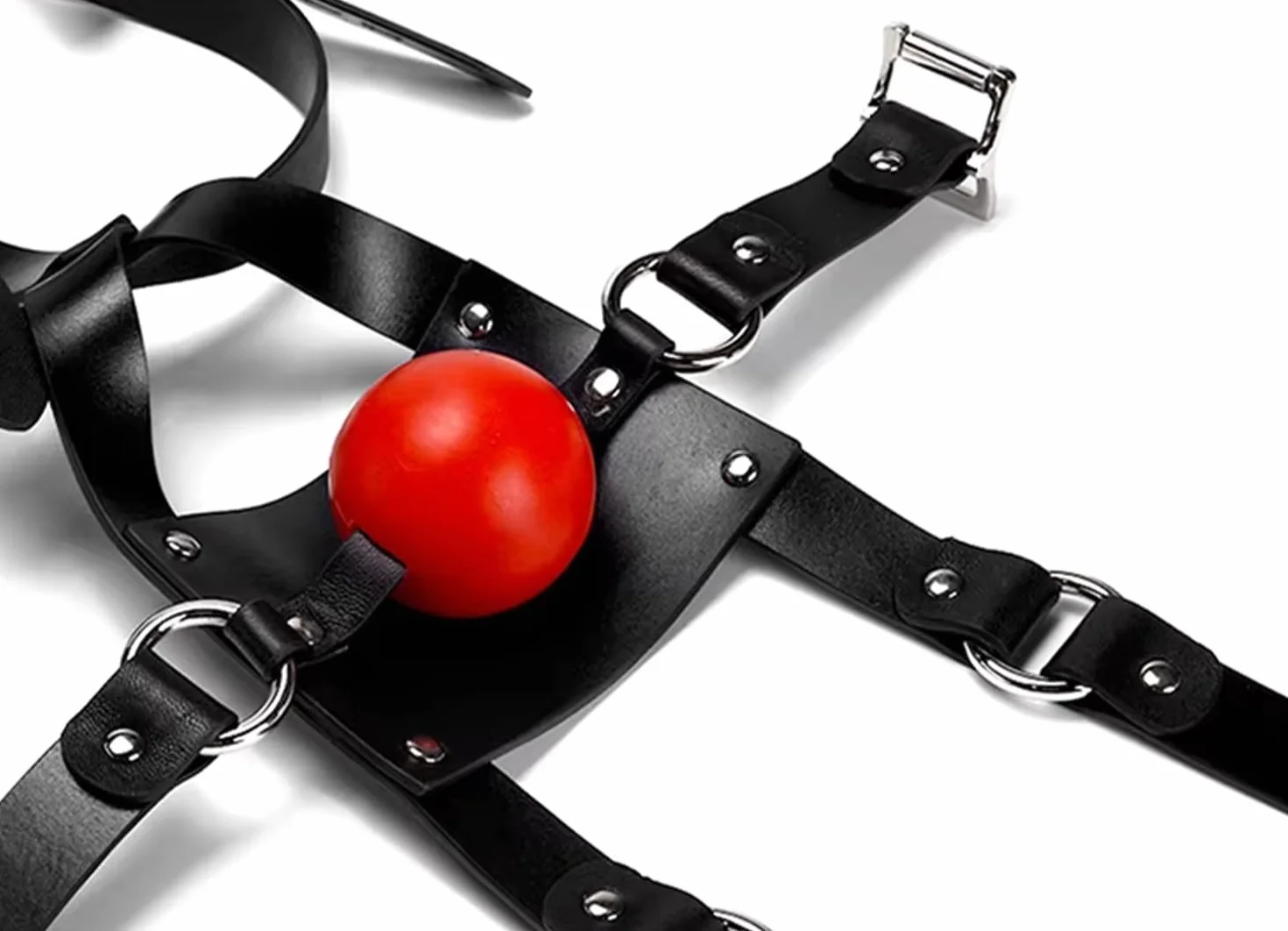 Bavaglio fetish in ecopelle con gag ball in silicone BDSM per giochi di ruolo regolabile