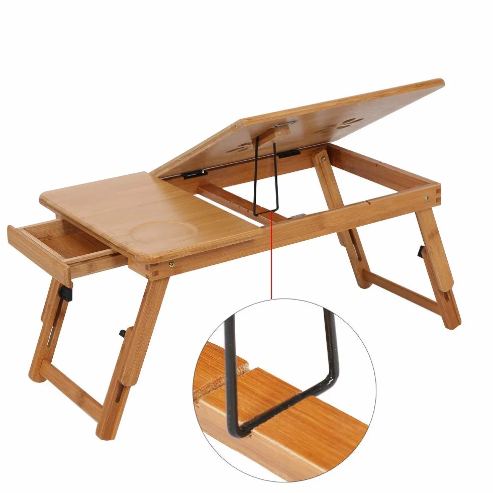 Nanzhu Tavolo per Computer Portatile in Bambù con Cassetto, Gambe Regolabili e Retrattili, 50 x 30 x 20 cm, Portatile