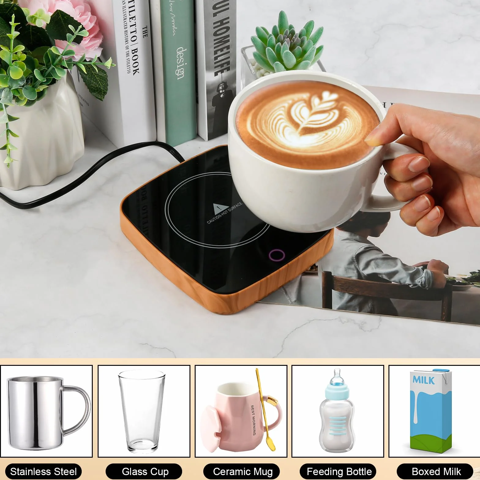 Scalda Tazza, Teklemon Scaldatazze da Caffè, Scalda Bevande Elettrico con 3 Impostazioni di Temperatura, Scaldino da Tè, Scaldino Elettrico per Bevande Cacao Latte Caffè Tè (In Legno)