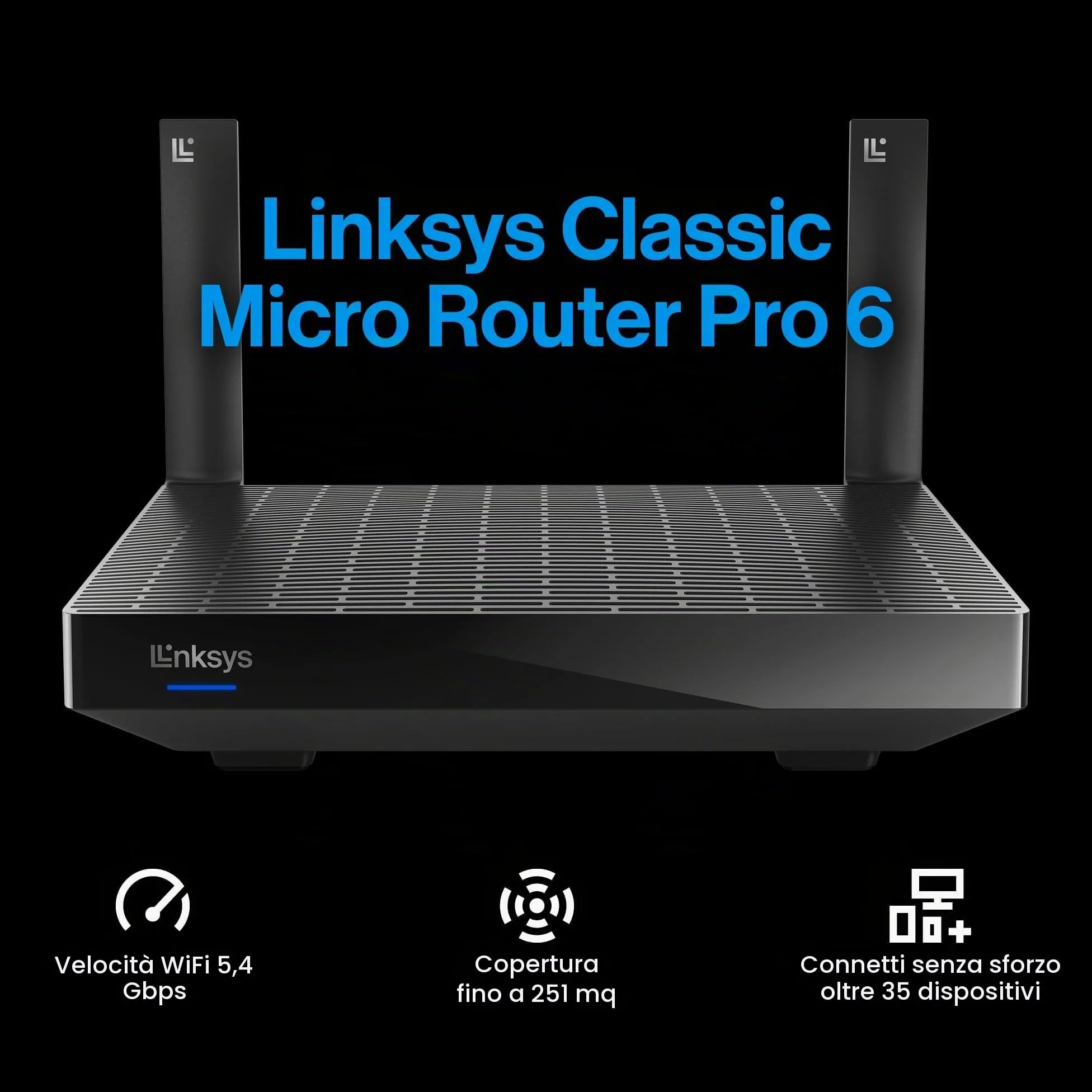Linksys Micro Router Classic Pro 6, Router WiFi 6 Mesh Dual Band (AX5400), Router Wireless Gigabit, Fino a 5400 Mbps, Più di 35 Dispositivi e 250 m² di Copertura