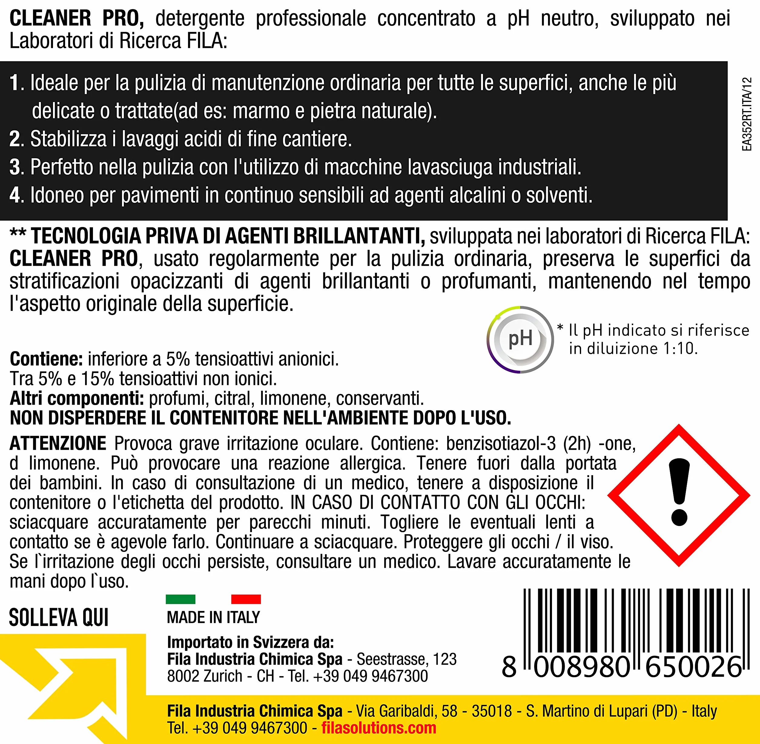 FILA Detergente Universale per Pavimenti, 1 litro