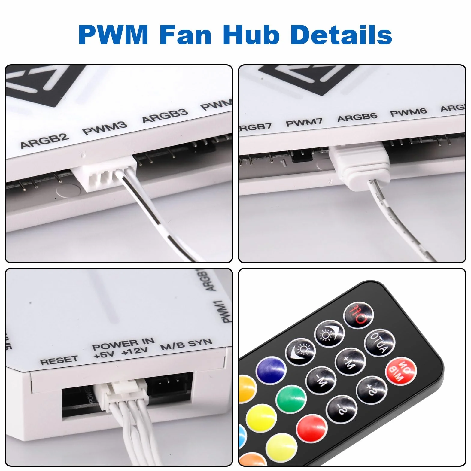 Hub ventola PWM ARGB RUIZHI 2 in 1, 9 prese PWM 4 pin, 5V 3 pin, SATA, 18 connessioni RGB