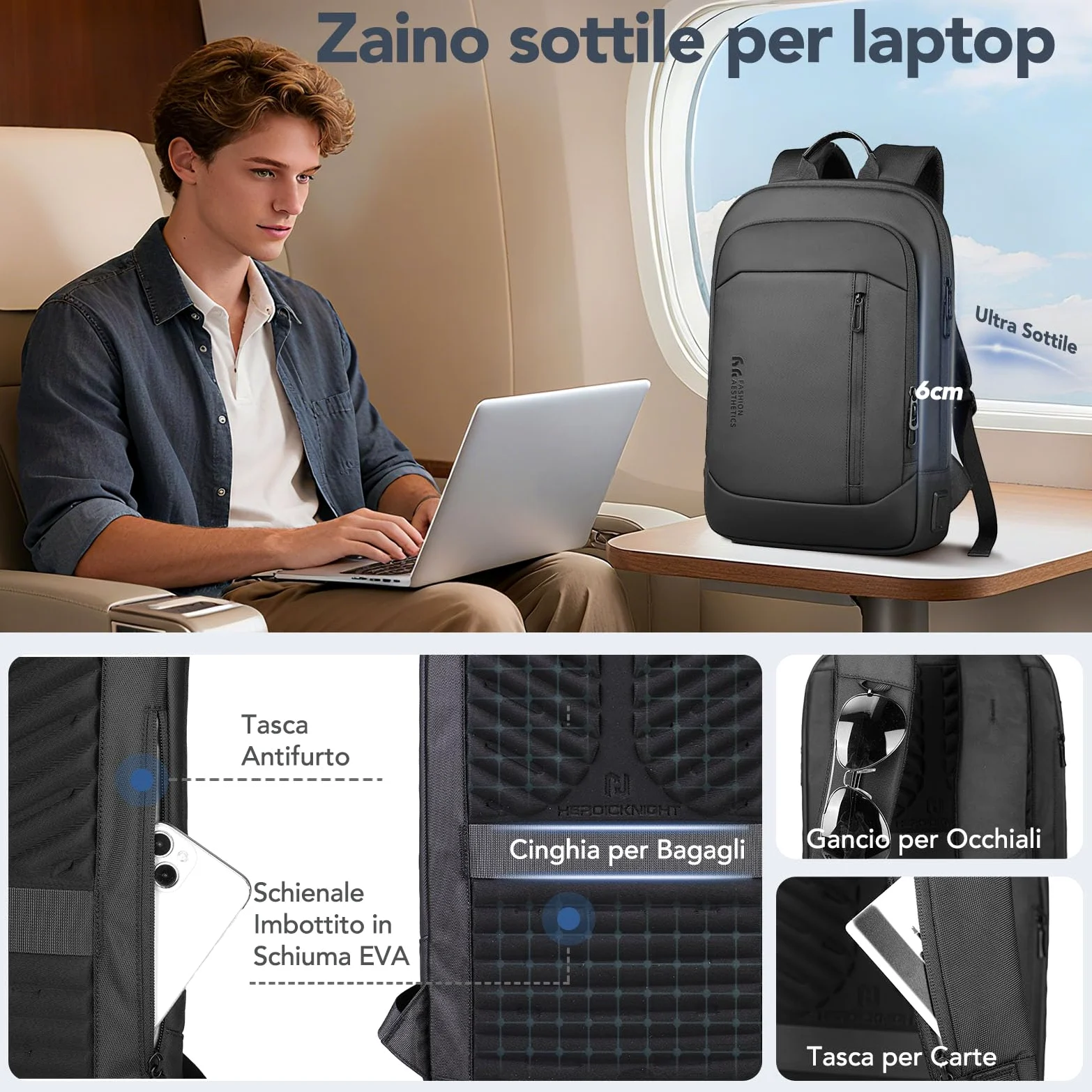 Zaino Ultra Sottile da Uomo, Impermeabile per Zaino porta PC | Laptop da 15,6 pollici con Porte di Ricarica USB A&C, Leggero e Antifurto per Lavoro Ufficio Viaggi e Viaggi d'Affari, Nero