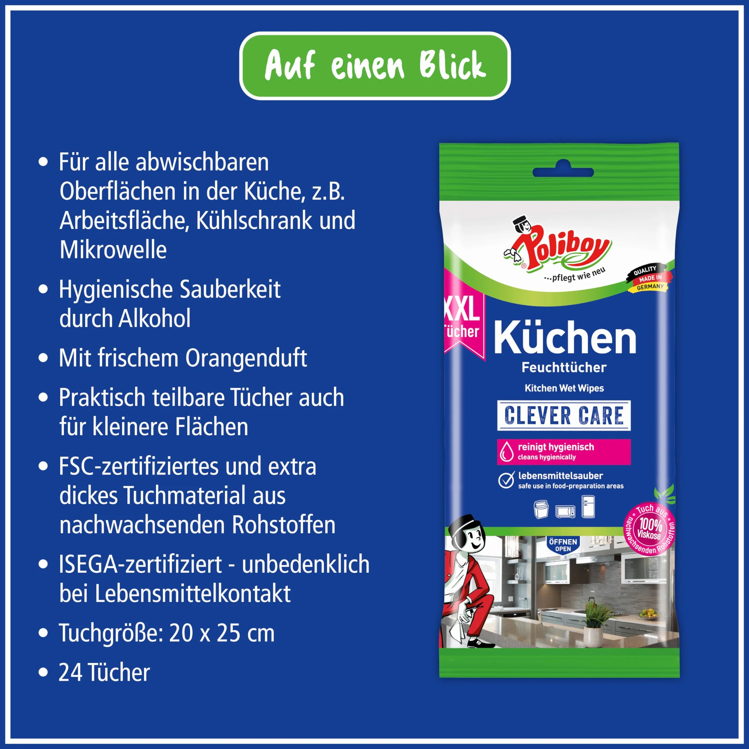 Poliboy salviettine umidificate da cucina XXL 1 x 24 panni Made in Germany
