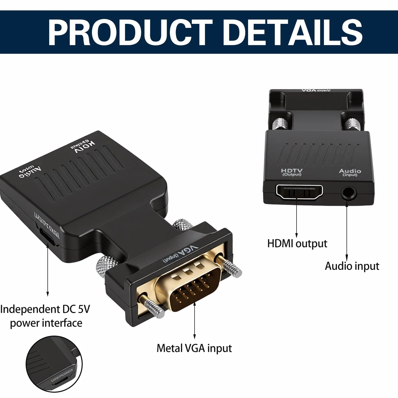 Adattatore VGA a HDMI con audio 1080P Convertitore VGA maschio a HDMI femmina con jack da 3,5 mm e cavo di alimentazione USB, unidirezionale per PC, laptop, TV, monitor, proiettore