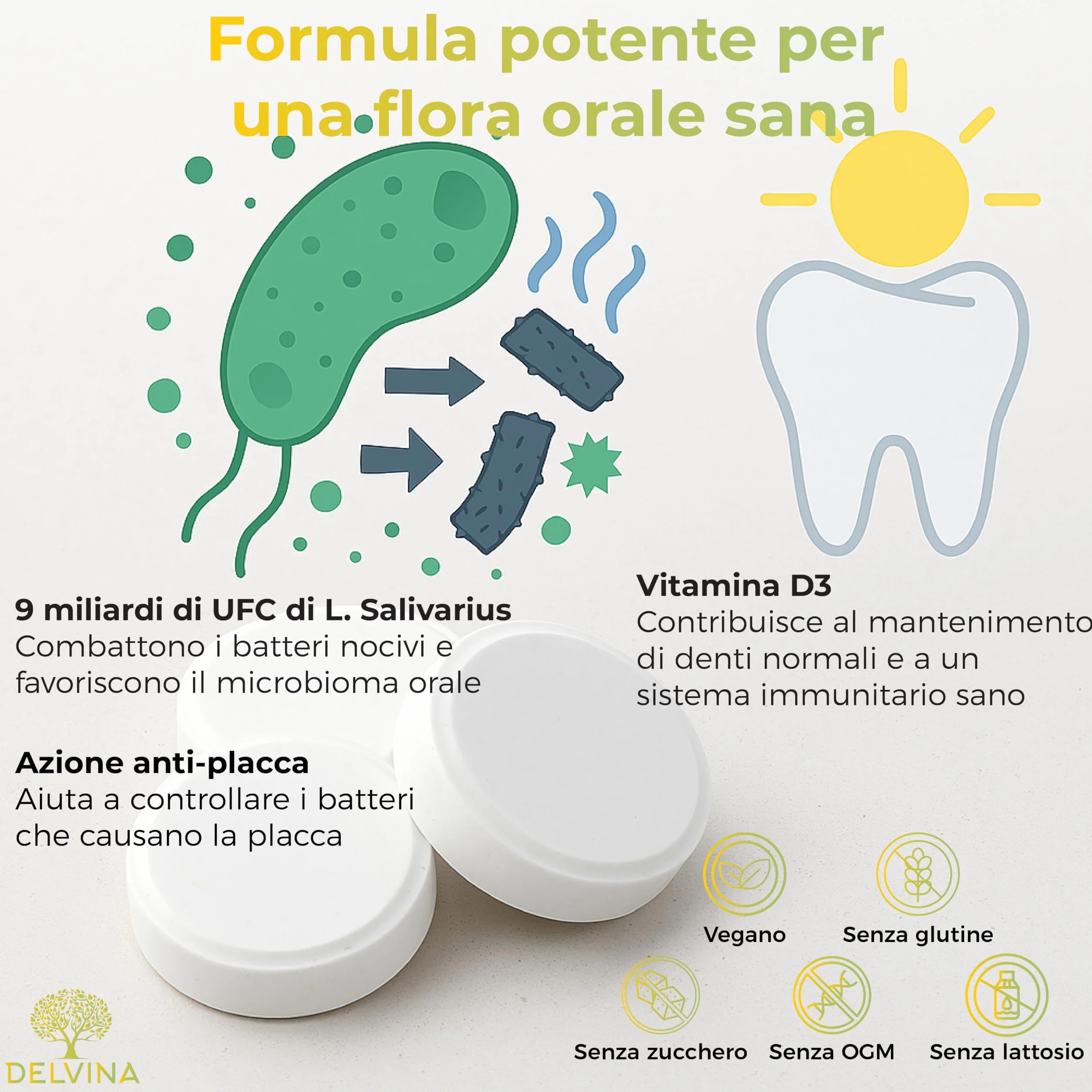 Pastiglie Vegane per l'Igiene Orale 90 Pezzi con Vitamina D3 e Limone contro l'Alitosi