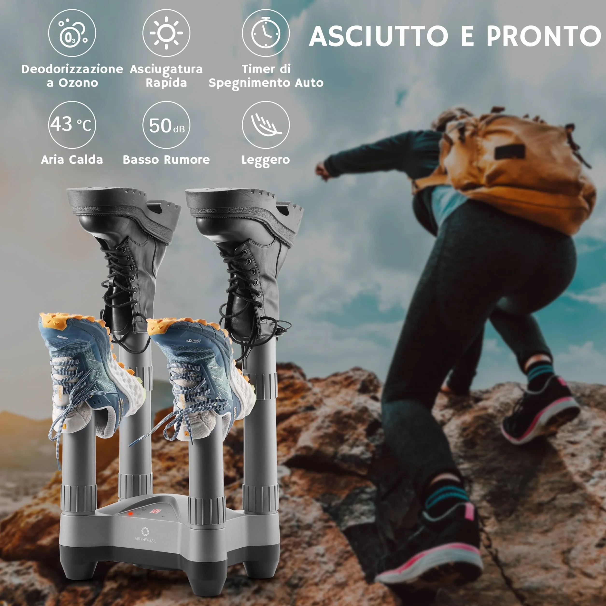 AIRTHEREAL SD20 Asciugascarpe Elettrico 110W con Timer e Ozono, Asciugatore Portatile per 2 Paia di Scarpe, Grigio