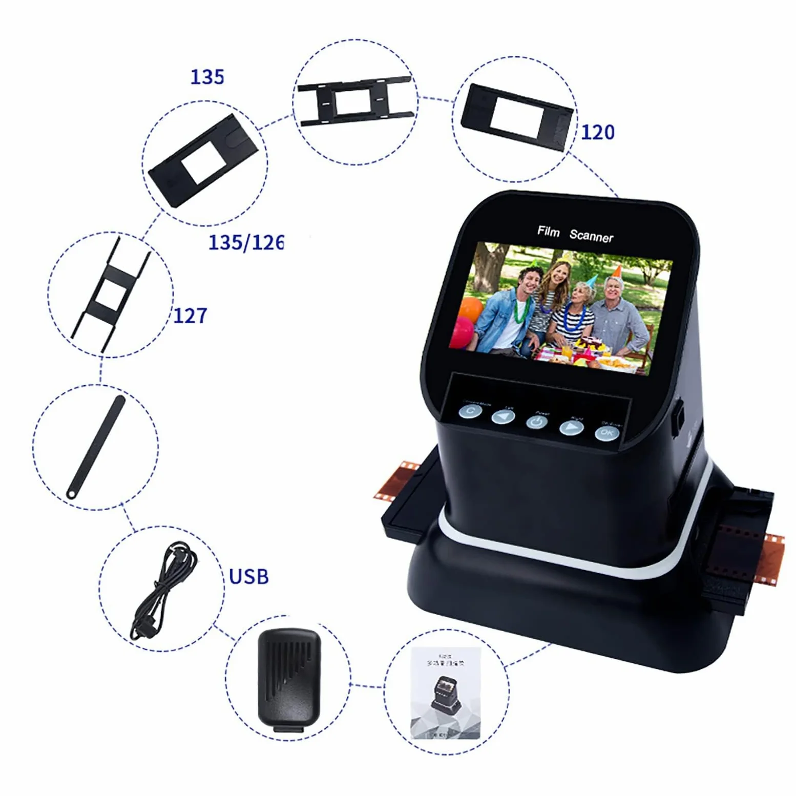 Scanner digitale per pellicola 120 e 35 mm, convertitore 5 in 1 ad alta risoluzione per negativi e diapositive, schermo LCD 1080P a JPEG per 135, 126, 127 pellicole