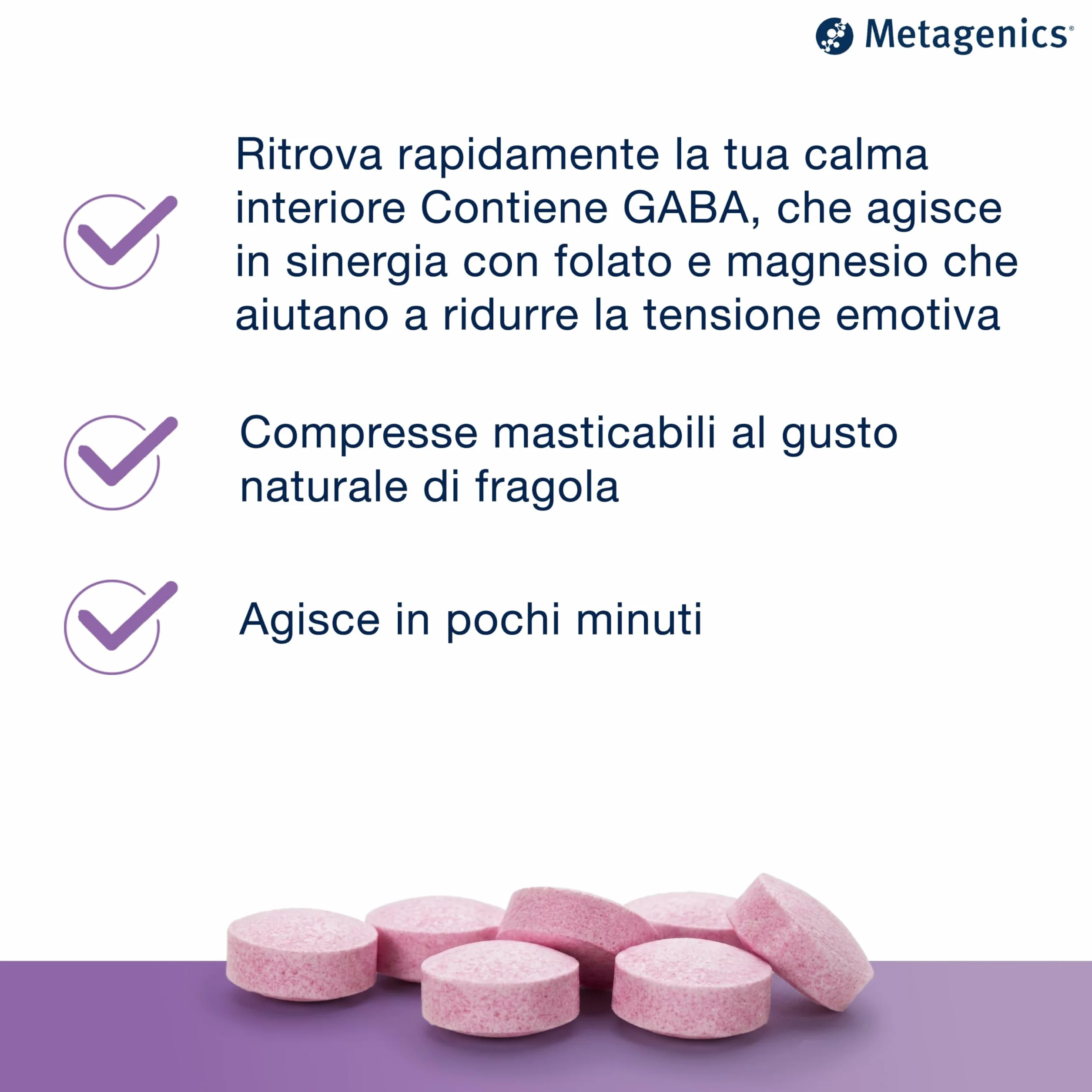 Metagenics MetaRelax Fast 15 compresse masticabili con GABA, folato attivo (MTHF) e magnesio