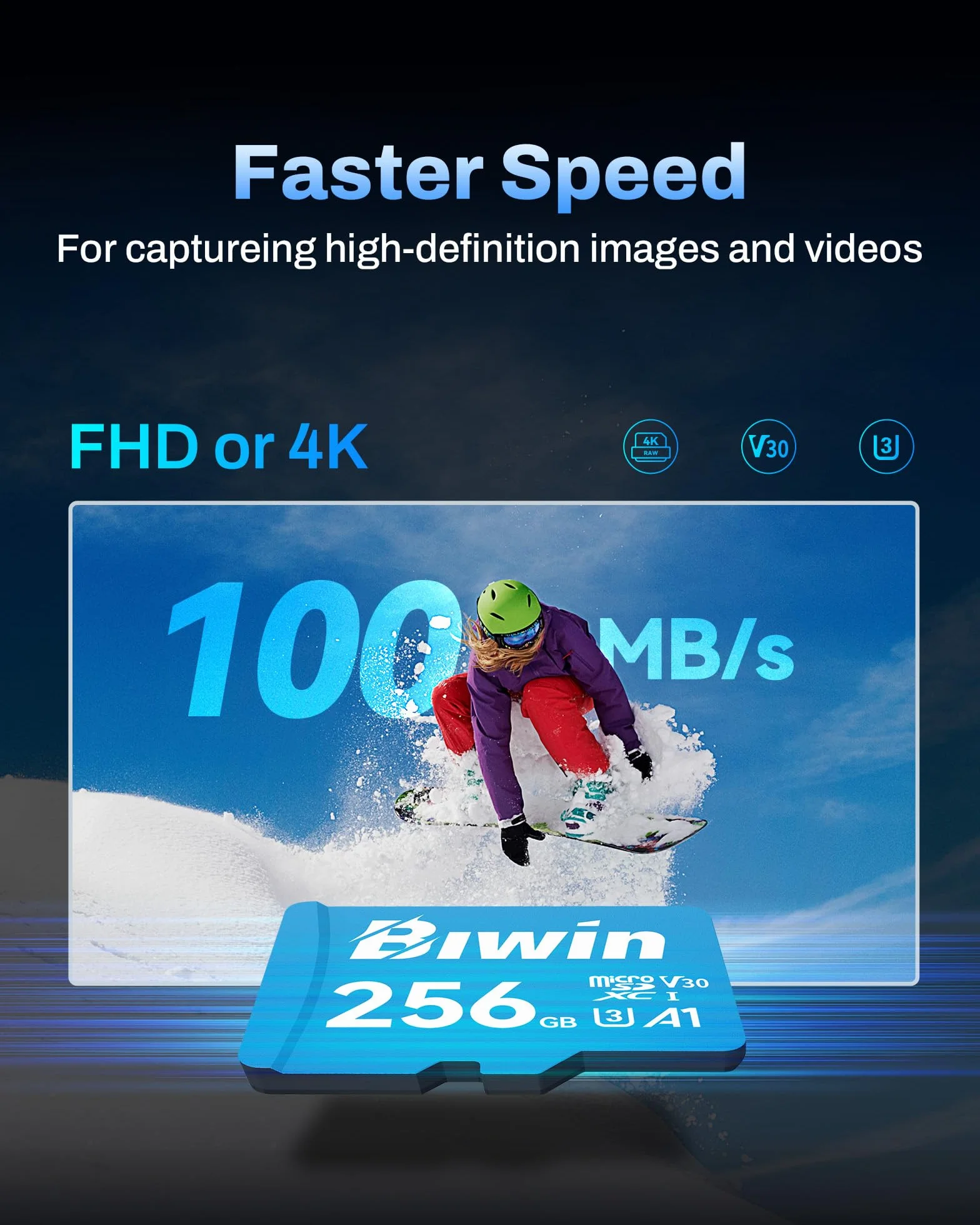 Biwin Scheda di memoria MS100 MicroSDXC UHS-I 256 GB – Lettura fino a 160 MB/s – A1 V30 U3 4K UHD video per la registrazione video di smartphone/tablet/fotocamera digitale Canon Sony