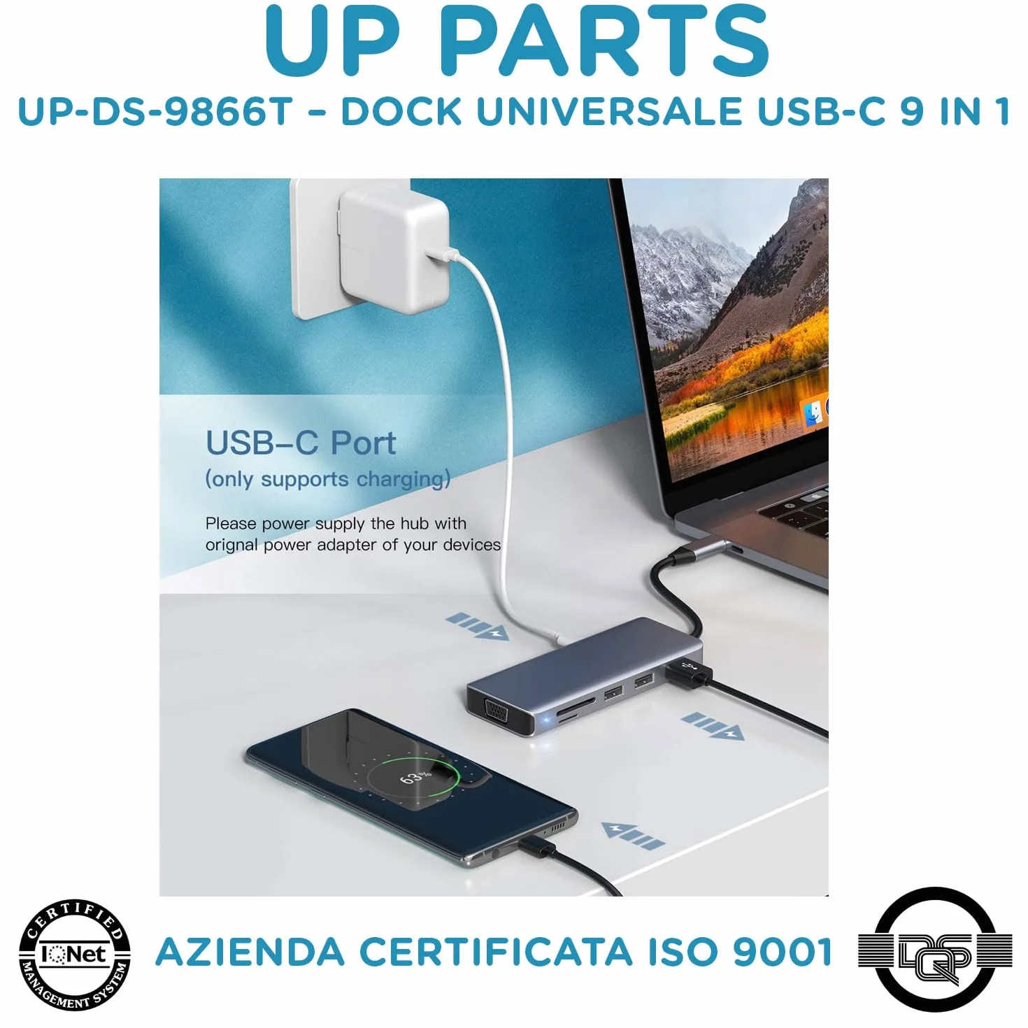 Hub USBC, Docking Station,UP-DS-9866T, 9 in 1,Porta Alimentazione USB C 100W, HDMI 4K, VGA, 1 porta USB3, 2 Porte USB2, Card Reader, Audio 3.5mm, Azienda Italiana