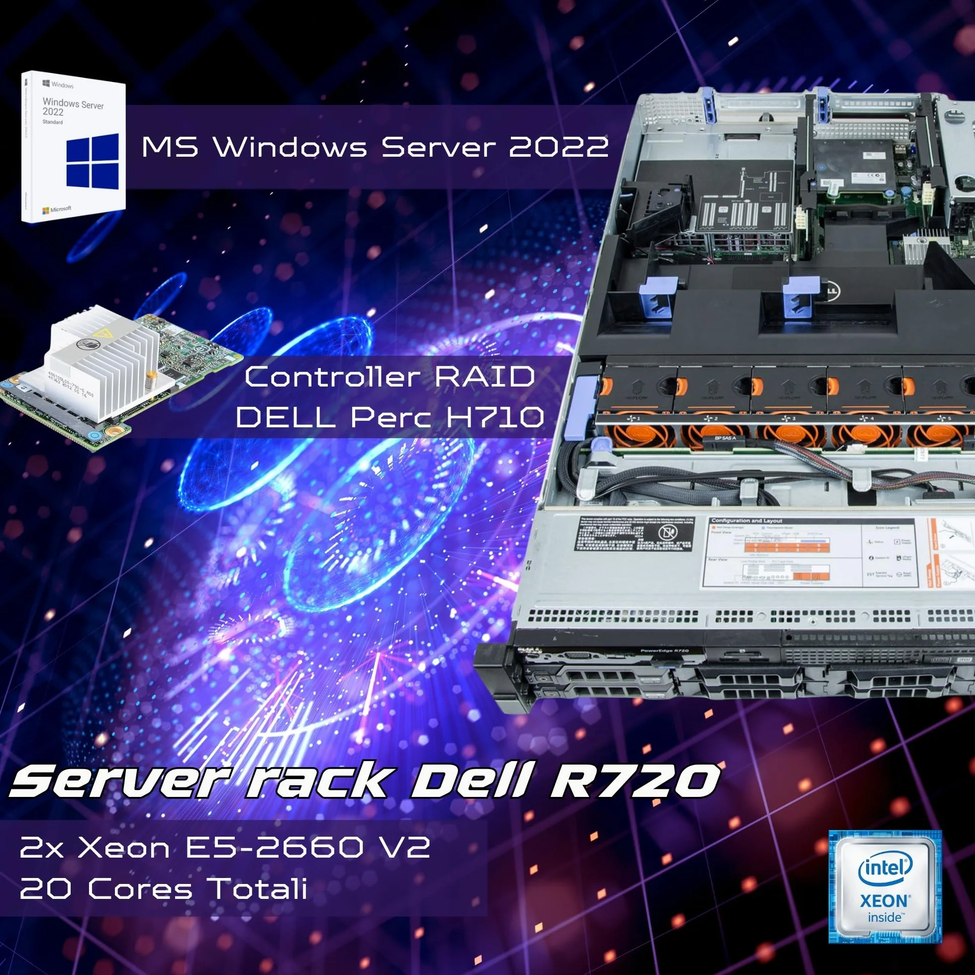Dell R720 Server Rack 8x SFF 2x Xeon 10-Core E5-2660 V2 128GB RAM DDR3 2x 3TB SAS H710 Ctrl 2xPSU Windows Server 2022