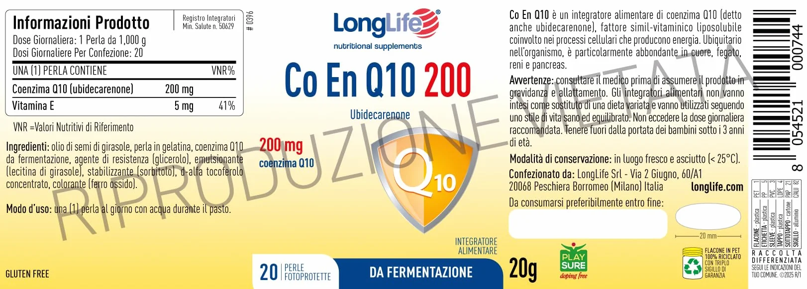 LongLife® CO EN Q10 200 | Coenzima Q10 | Ubidecarenone puro | Alto dosaggio con vitamina E | 20 perle fotoprotette