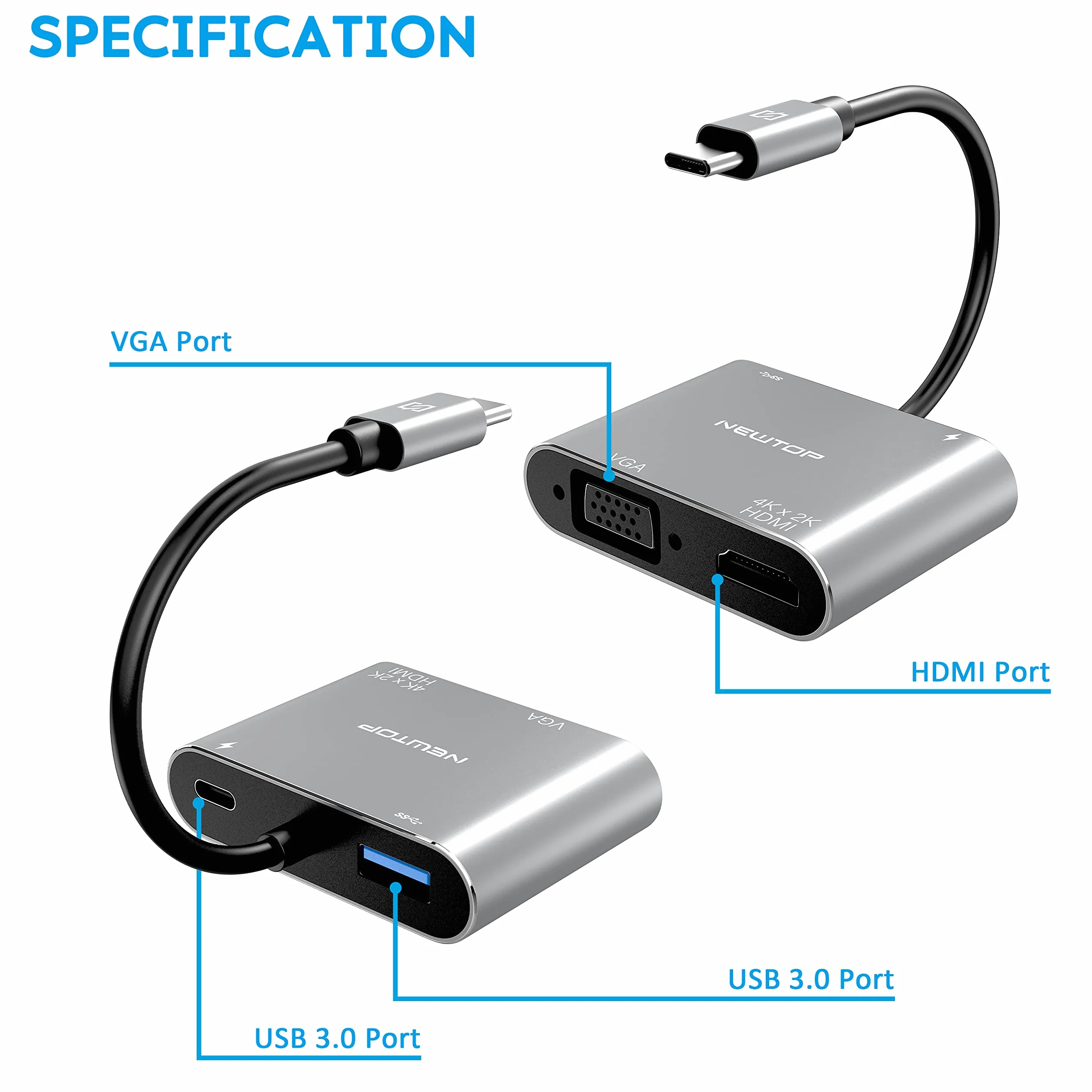 N NEWTOP Adattatore 4in1 HUB AD29 da Type-C Maschio a Femmina USB C HDMI 4K HD 2K VGA USB 3.0 Cavo Carica PD OTG Convertitore Video Audio Dati per Notebook Smartphone Console Laptop