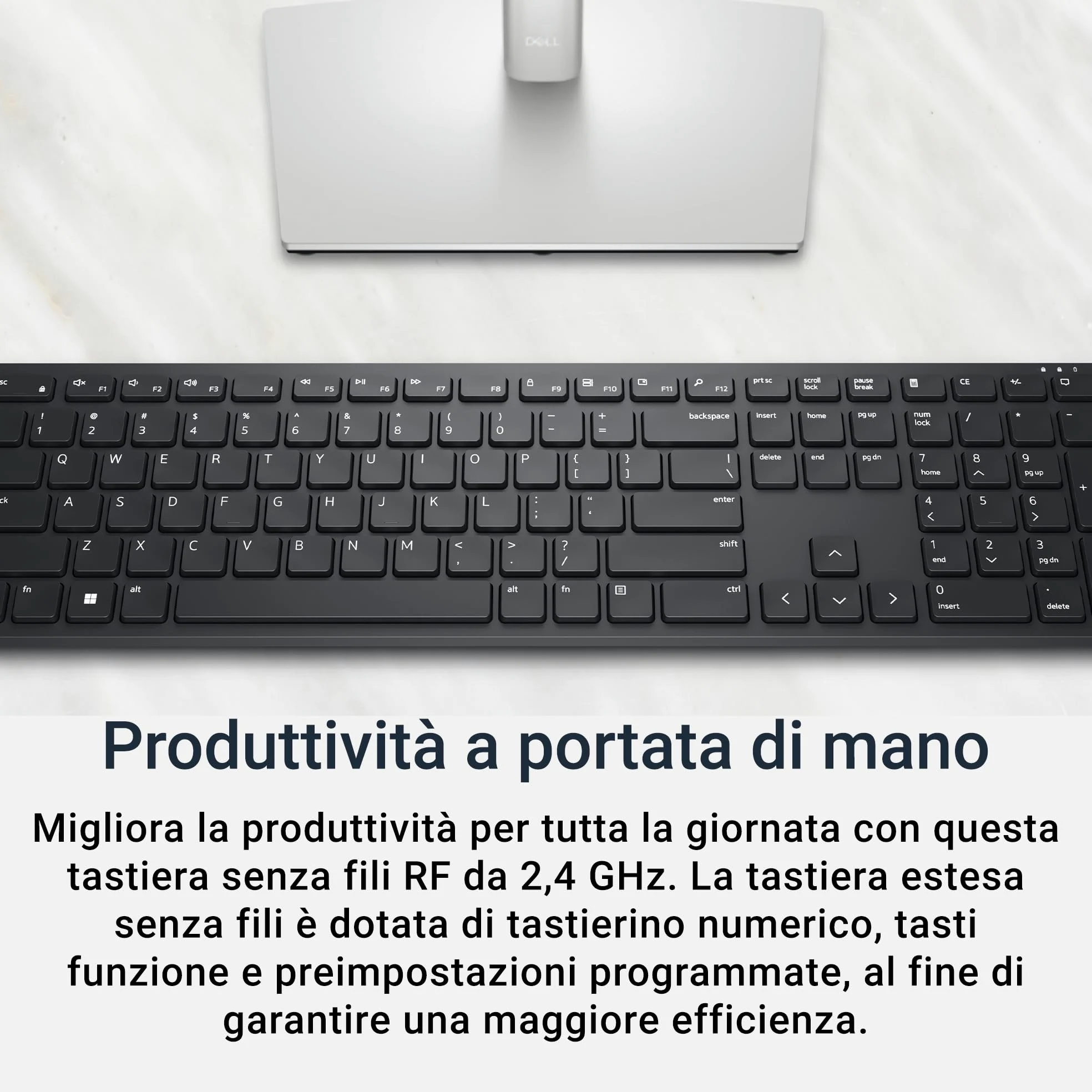 Dell Pro Tastiera wireless KB500, 12 tasti programmabili, AES-128 | RF 2,4 GHz, Batterie AAA, autonomia 36 mesi, design ergonomico, digitazione silenziosa, Ricevitore USB, Pronta per ufficio