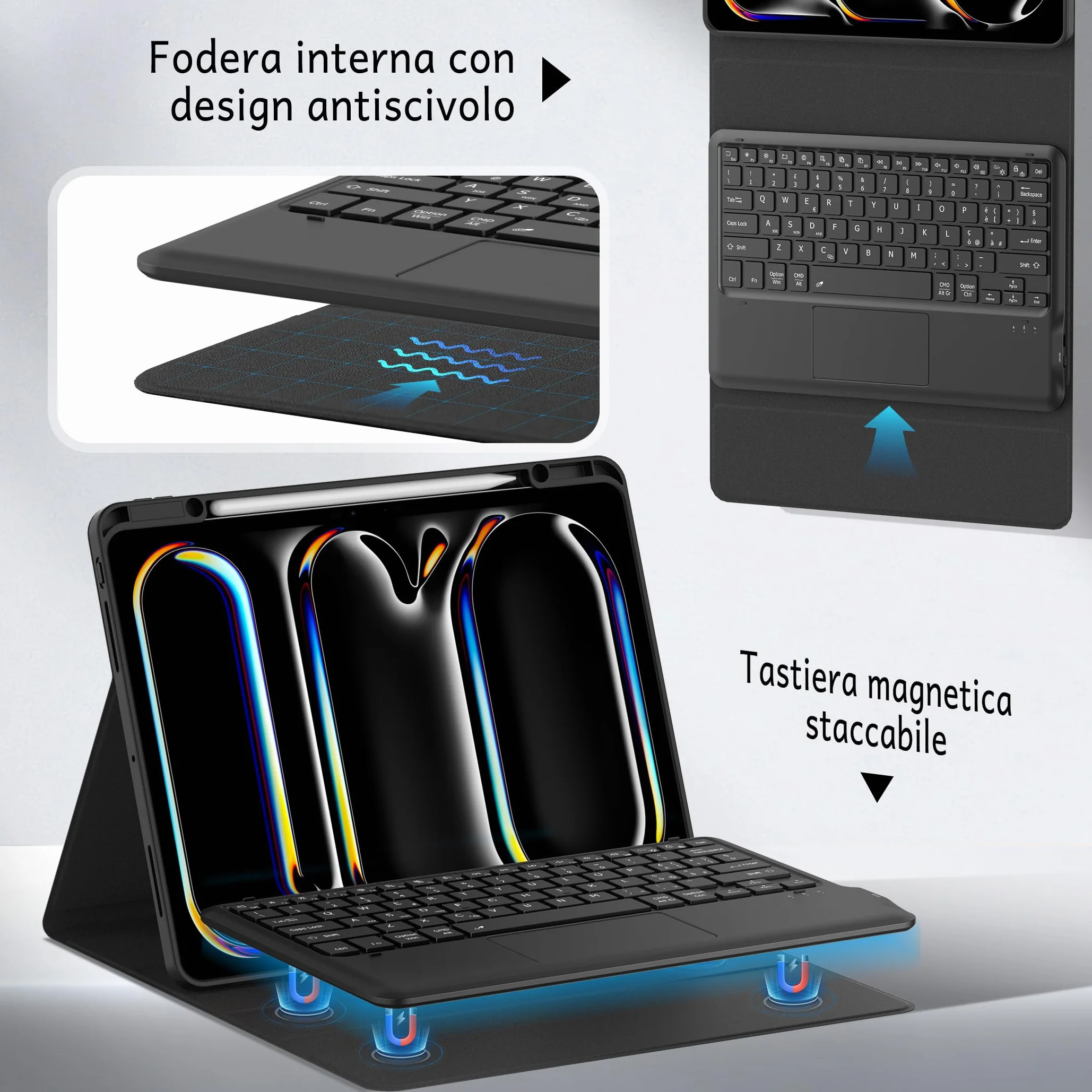CACOE Cover con Tastiera Compatibile con iPad Pro 13 Pollici M5/M4 2025/2024 con Touchpad, Custodia con Portapenne QWERTY Wireless Staccabile con Illuminata a 7 Colori, Nero