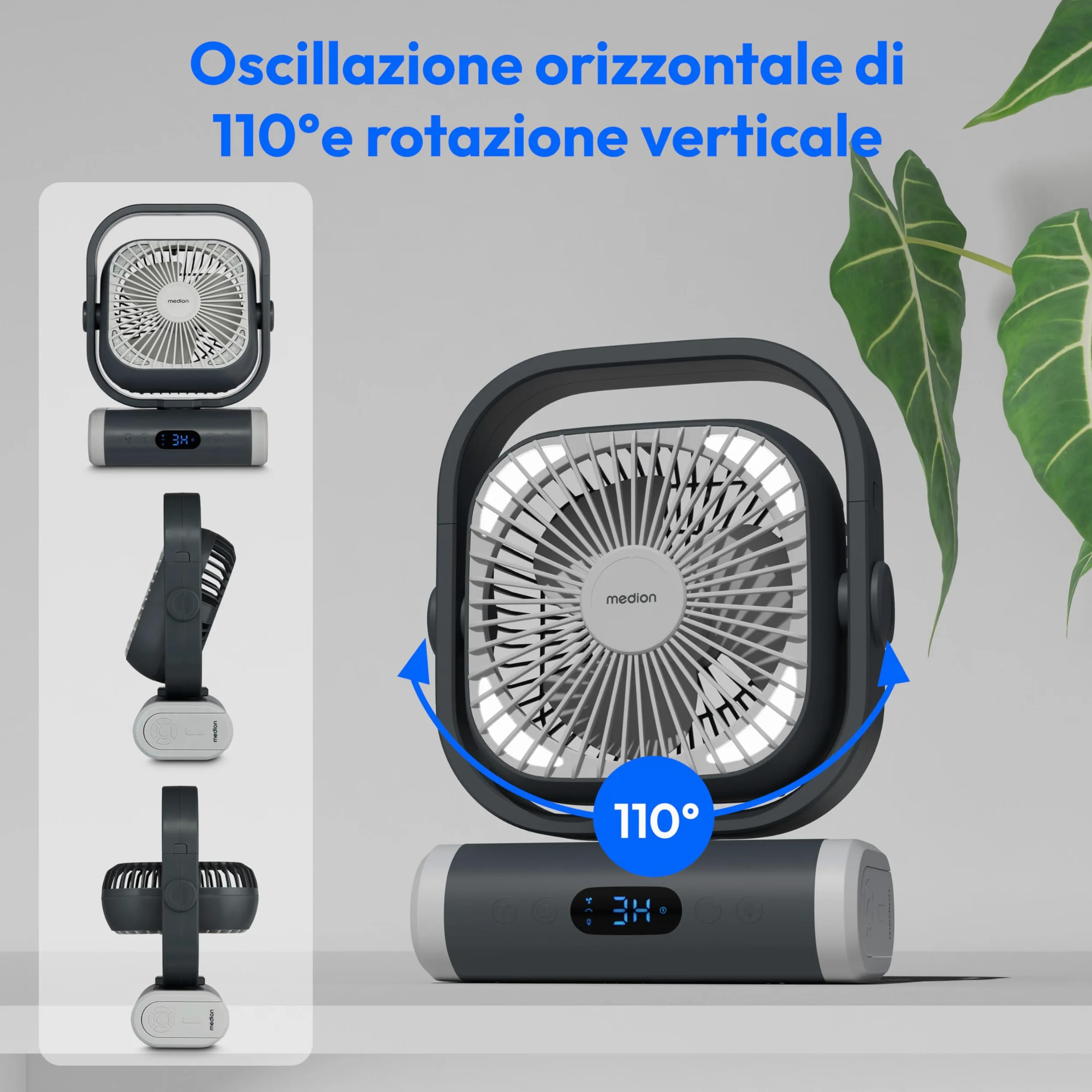 MEDION Ventilatore E10 TF (batteria, mini ventilatore USB portatile con luce, telecomando, 5 velocità, oscillazione, gancio per appendere, funzione powerbank, ideale per ufficio campeggio tenda)