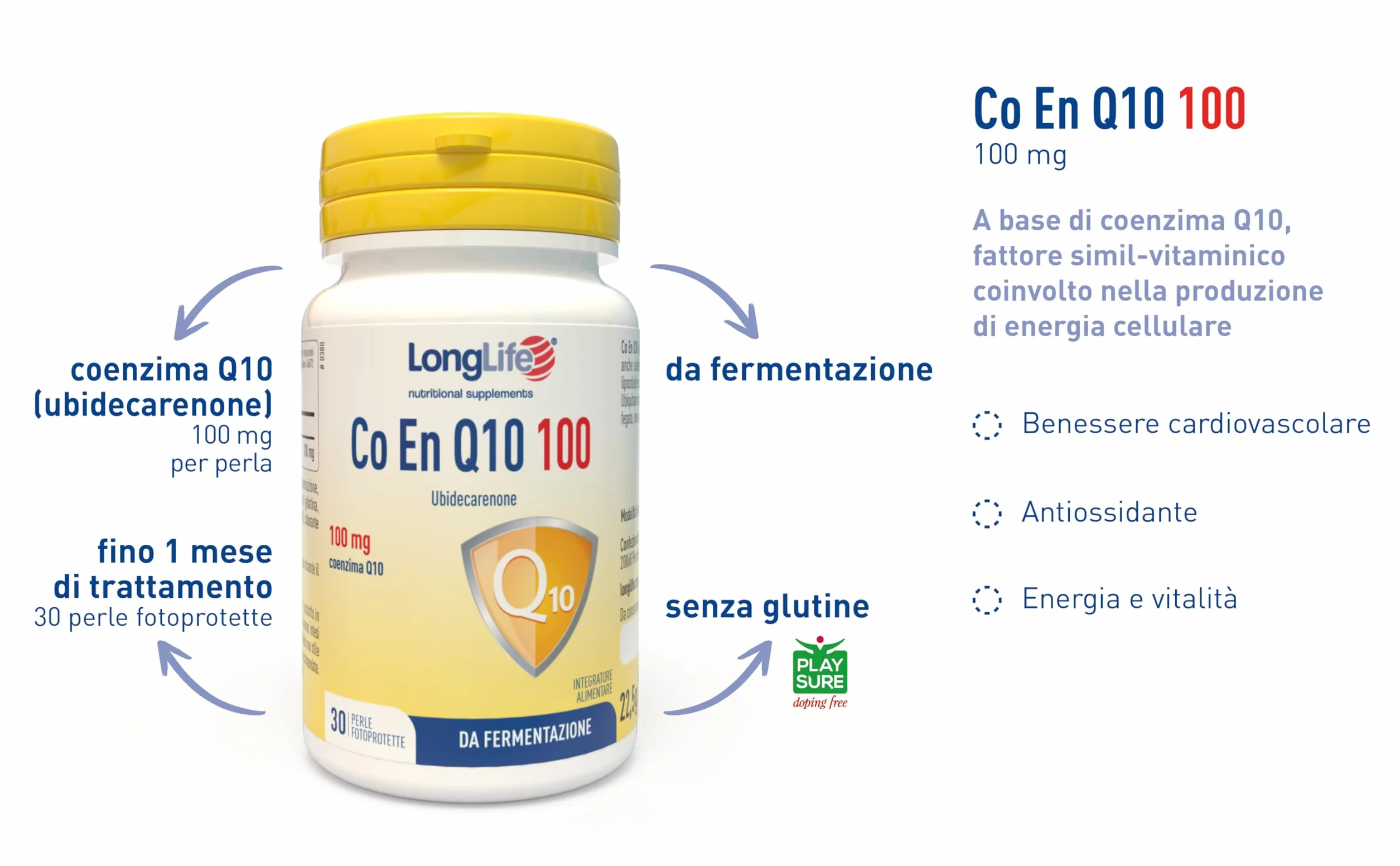 LongLife CO EN Q10 100 Coenzima Q10 Ubidecarenone Puro 30 Perle Fotoprotette