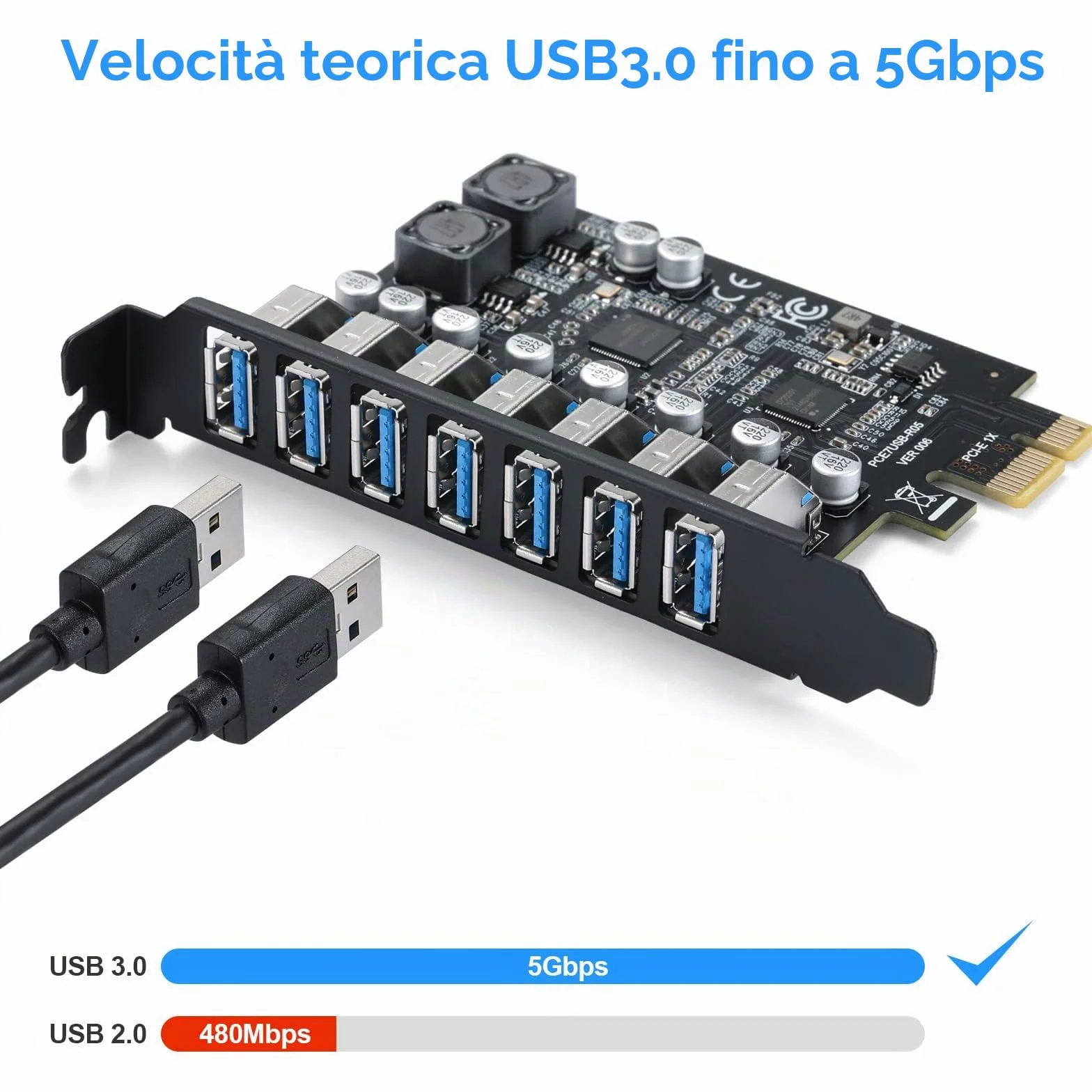USB Interno 7 Porte Scheda di Espansione PCIe USB 3.2 Gen1 (5Gbps) Hub Interno Adattatore Controller per PC - Compatibile con Windows 10/8/7