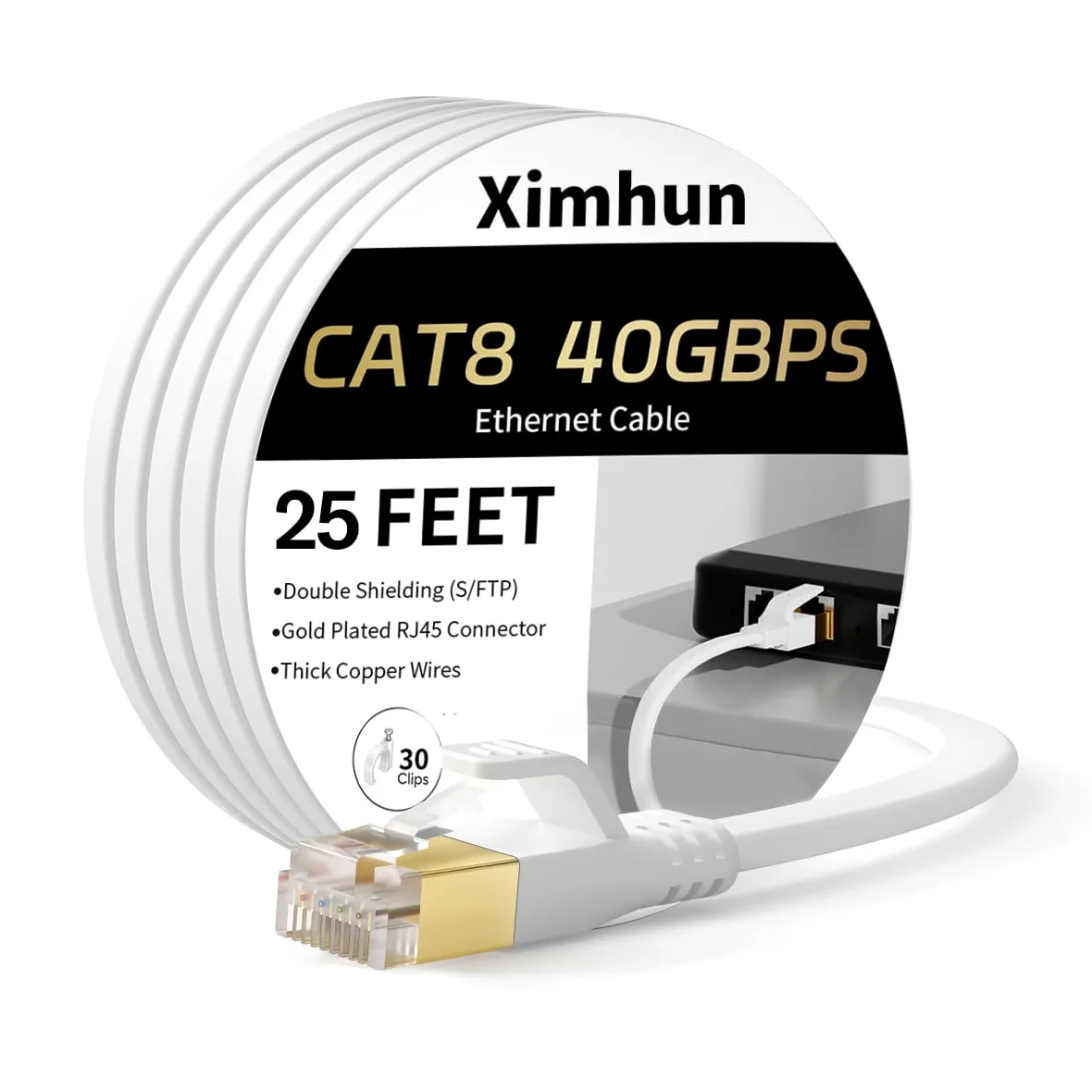 Cavo Ethernet 6,5 m, cavo Ethernet Cat 8, cavo di rete Internet ad alta velocità con connettore RJ45 40 Gbps 2000 Mhz Cavo LAN resistente schermato per interni per router/gioco/modem