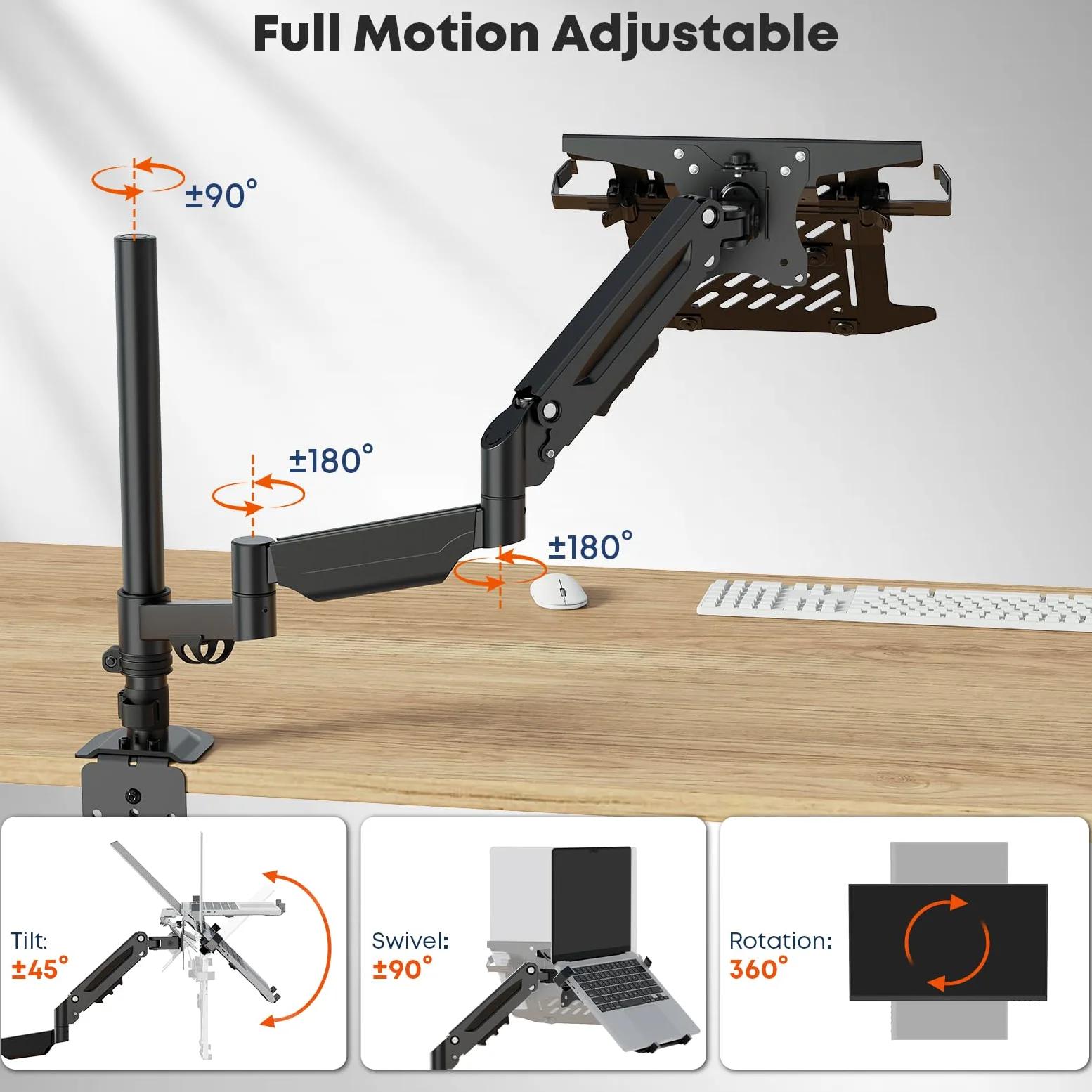 PUTORSEN Supporto a braccio per laptop fino a 18" e monitor da 17-32" | Portata massima 9 kg, supporto per monitor extra lungo con ripiano per laptop, sezione centrale rimovibile, VESA 75/100 mm