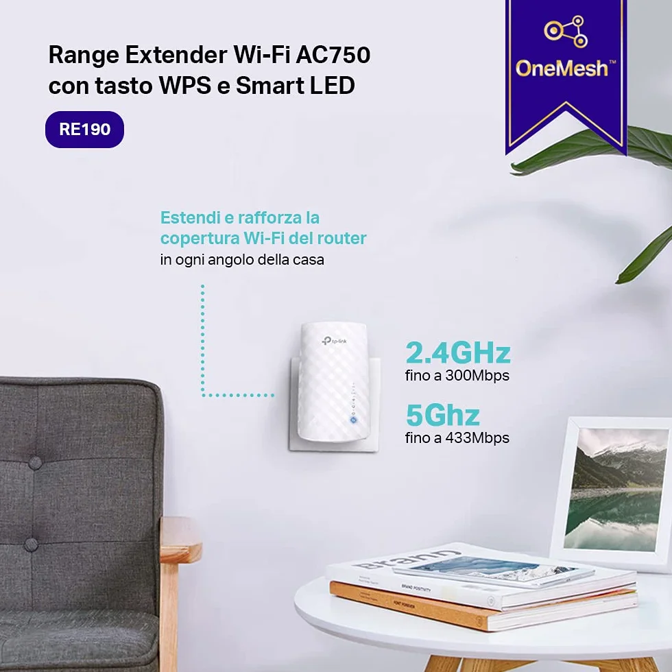 TP-Link RE190 Mesh WiFi Ripetitore Dual-Band 750 Mbps, Extender, Access Point, OneMesh