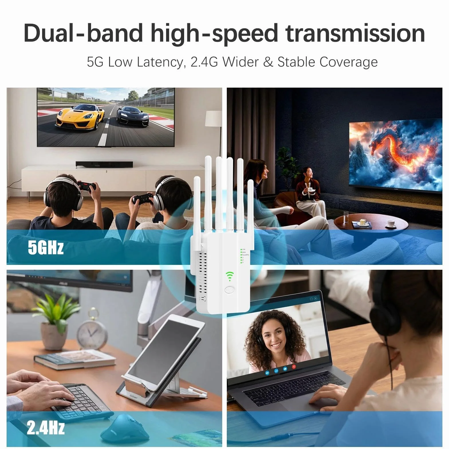 Amplificatore WiFi 300 Mbps per Casa, Ripetitore Segnale WiFi 2.4GHz con 6 Antenne ad Alto Guadagno, Porta LAN Gigabit, Modalità Router/AP, WPS, per Streaming Gaming Online Senza Interruzioni