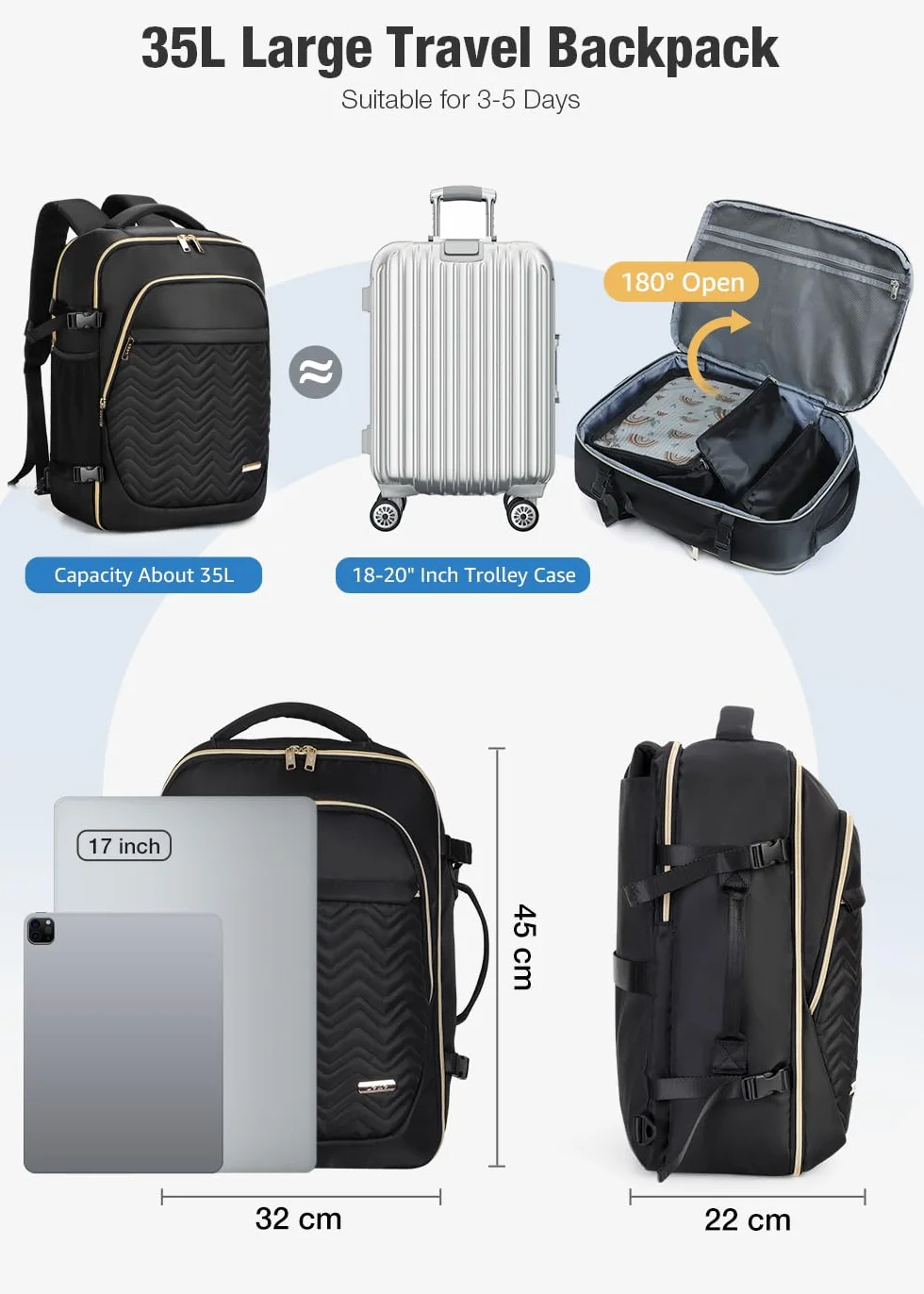 Zaino da Viaggio Grande Zaino Bagaglio a Mano, Zaino da Viaggio Aereo Bagaglio a Mano con Organizer Valigie 6 Pezzi Set, Borse da Cabina per Easyjet 45x36x20, Nero