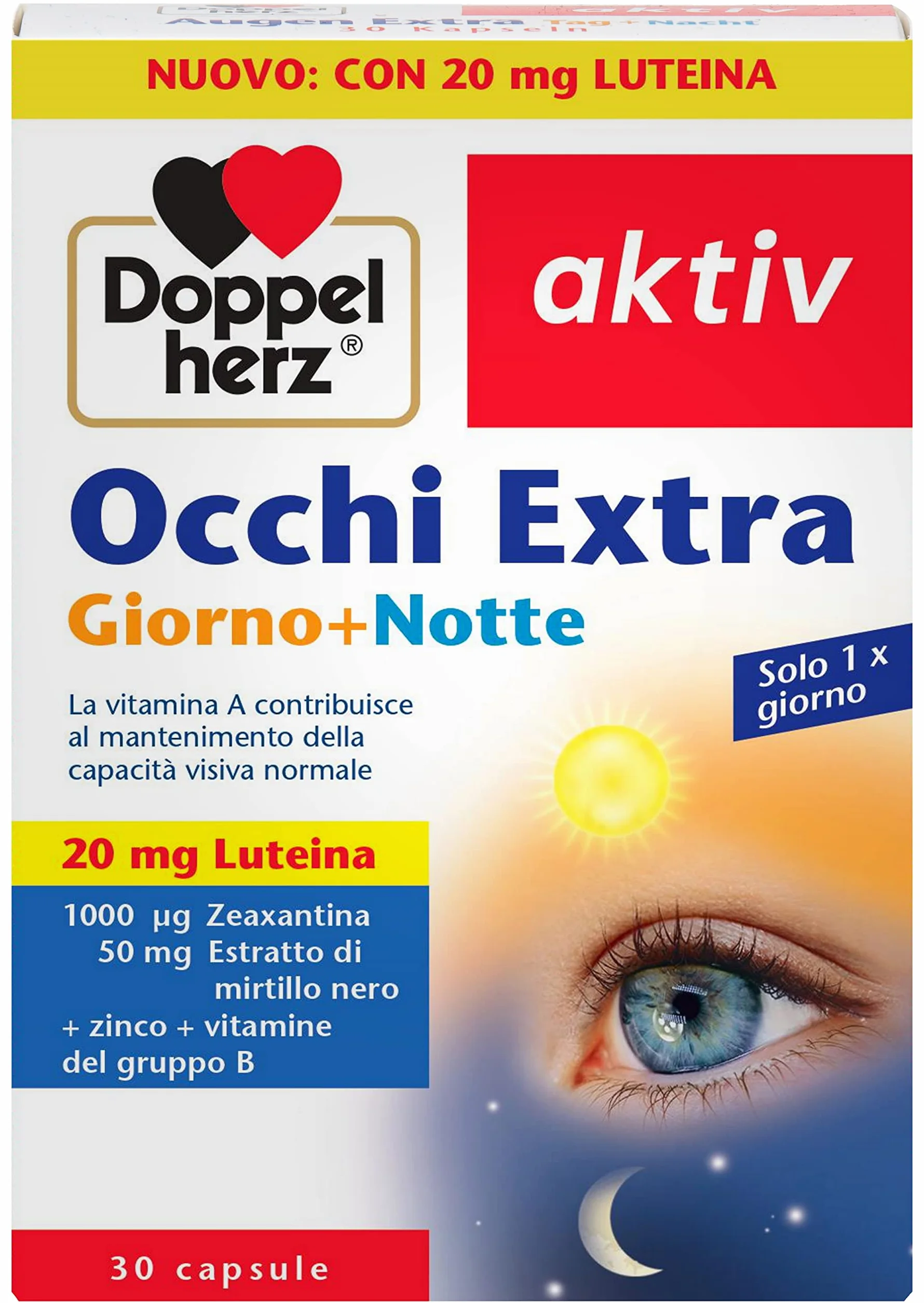 Doppelherz Integratore Occhi Extra Giorno + Notte 30 Capsule 20 mg Luteina Zeaxantina Mirtillo Nero Zinco Vitamine A C E B