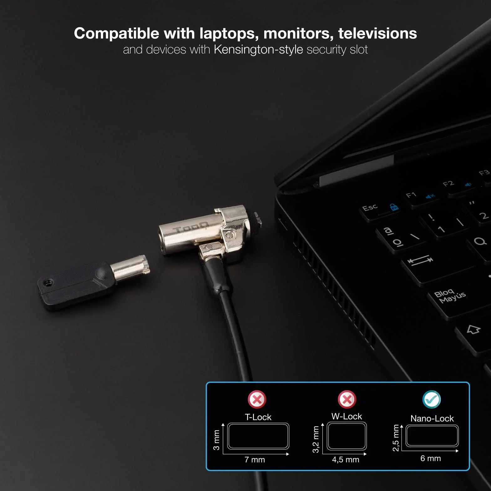 TOOQ TQCLKC0045-G - Cavo di sicurezza con slot tipo Nano con chiave per laptop 1,5 metri, Grigio scuro