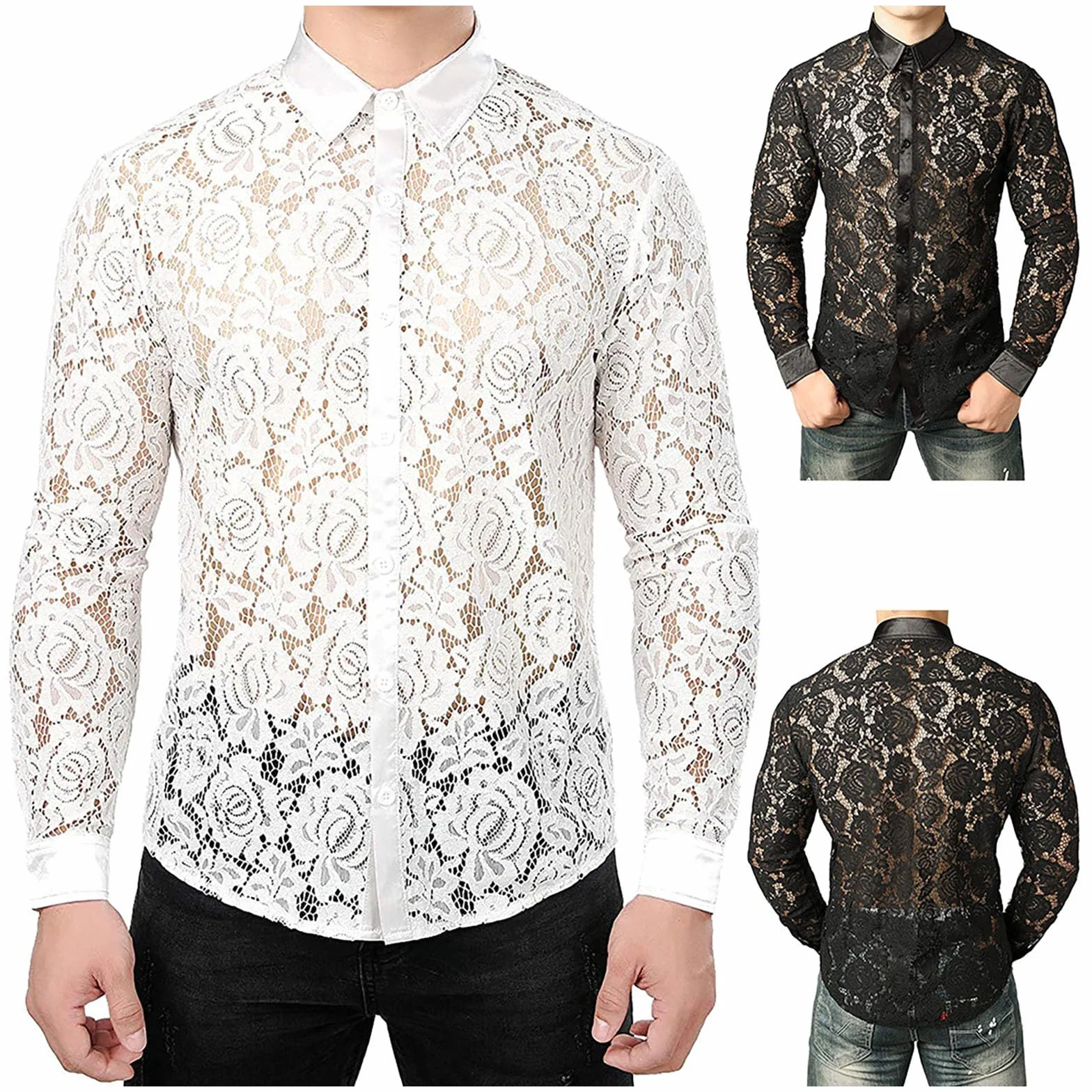 Camicia da uomo trasparente in pizzo maniche lunghe slim fit punk elegante