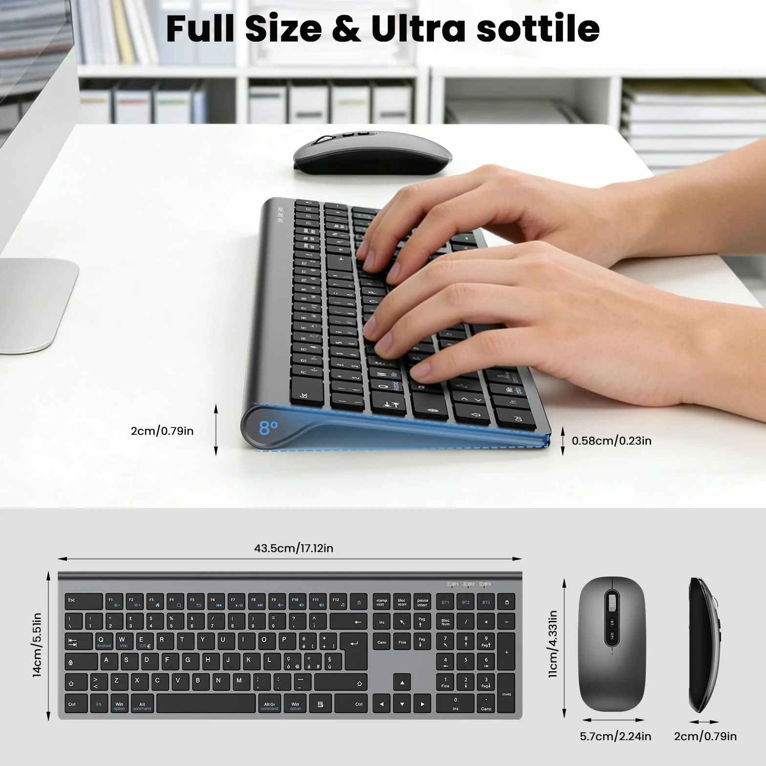 cimetech Tastiera e Mouse Wireless Bluetooth per MacBook Air/MacBook Pro/Mac, Layout Italiano QWERTY, Tastiera Design Ergonomico, Ultra Sottile per Computer/Desktop/PC/Laptop/Windows 10/8/7 (grigio）